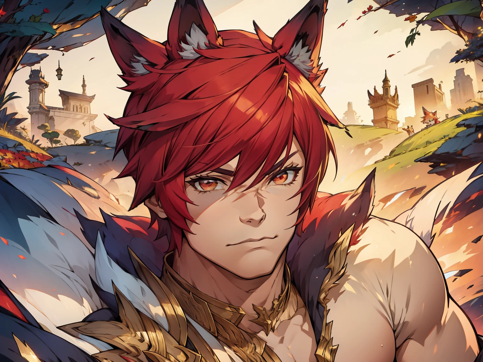 Boy showing off hot body, sett, better quality,  masterpiece , top view,  fox ears, Teeth, Rice, high resolution, 