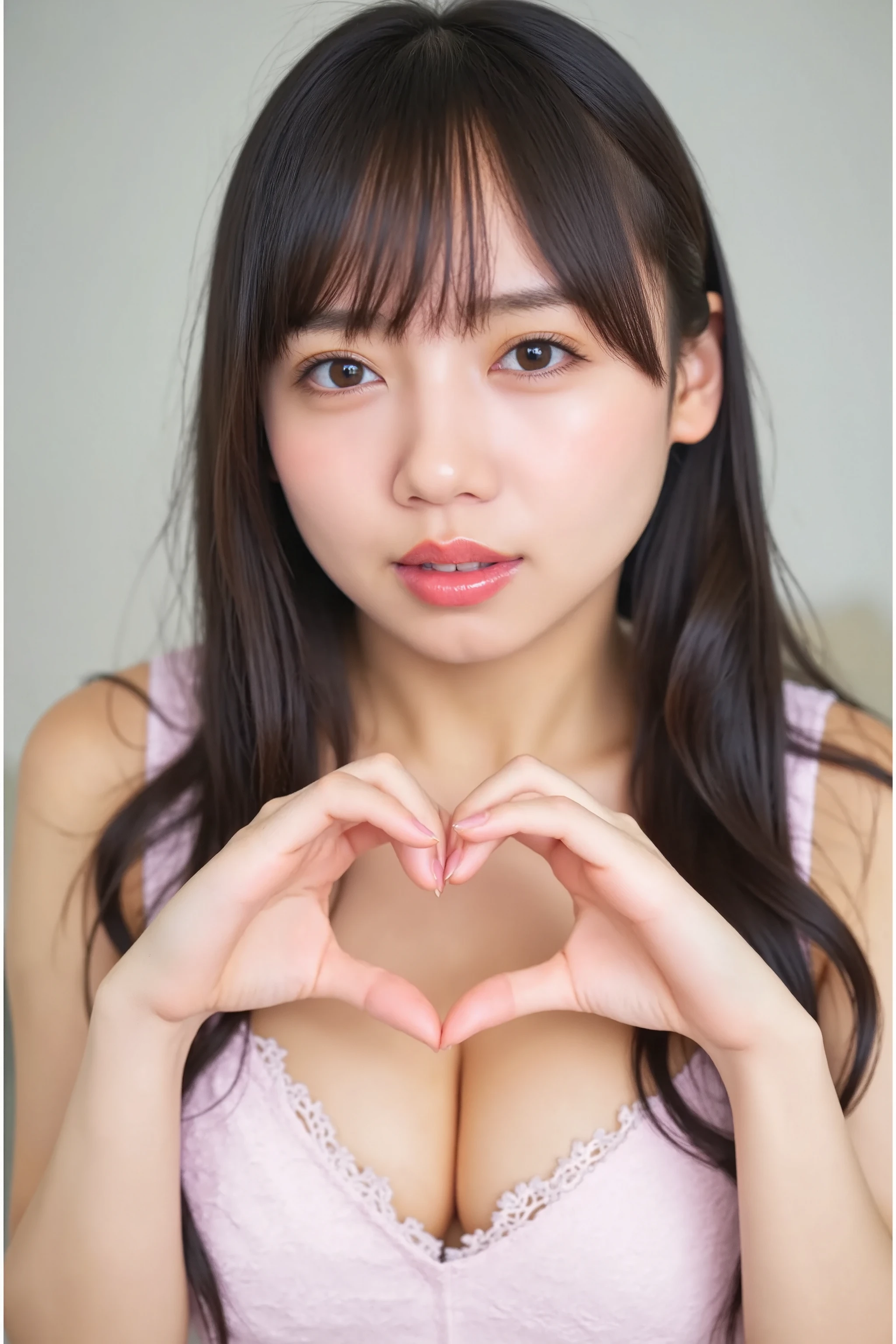 She is in a pose wearing a sexy camisole, making a firm big heart shape with both hands, and holding it in front of her chest, Close-up of a smiling face

