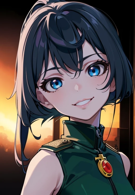 a beautiful young girl in a military uniform, (Degurechaff, 1girl, smile, teen, blue eyes, psychotic eyes, detailed face:1.2), vibrant colors, sharp focus, intense lighting, surrealistic atmosphere, wartime setting, magical elements, (best quality,4k,8k,highres,masterpiece:1.2),ultra-detailed,(realistic,photorealistic,photo-realistic:1.37)