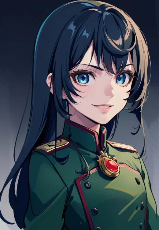 a beautiful young girl in a military uniform, (Degurechaff, 1girl, smile, teen, blue eyes, psychotic eyes, detailed face:1.2), vibrant colors, sharp focus, intense lighting, surrealistic atmosphere, wartime setting, magical elements, (best quality,4k,8k,highres,masterpiece:1.2),ultra-detailed,(realistic,photorealistic,photo-realistic:1.37)