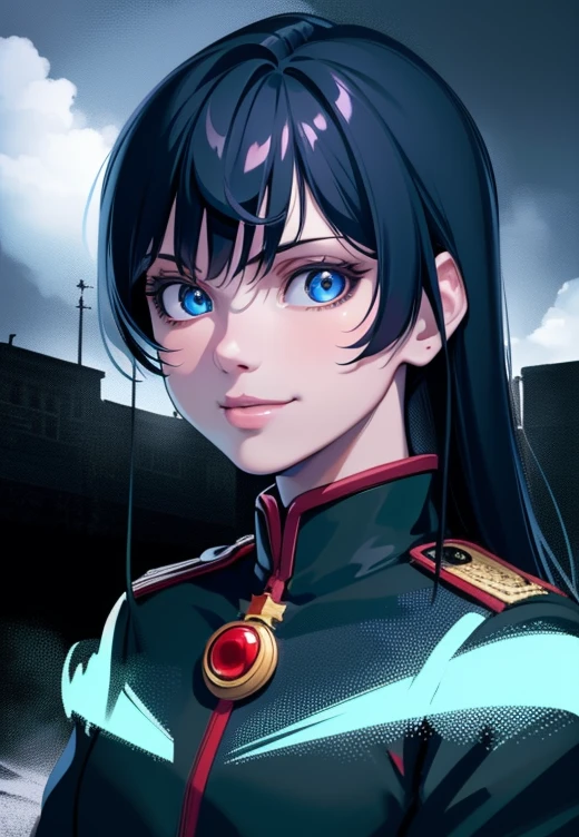 a beautiful young girl in a military uniform, (Degurechaff, 1girl, smile, teen, blue eyes, psychotic eyes, detailed face:1.2), vibrant colors, sharp focus, intense lighting, surrealistic atmosphere, wartime setting, magical elements, (best quality,4k,8k,highres,masterpiece:1.2),ultra-detailed,(realistic,photorealistic,photo-realistic:1.37)