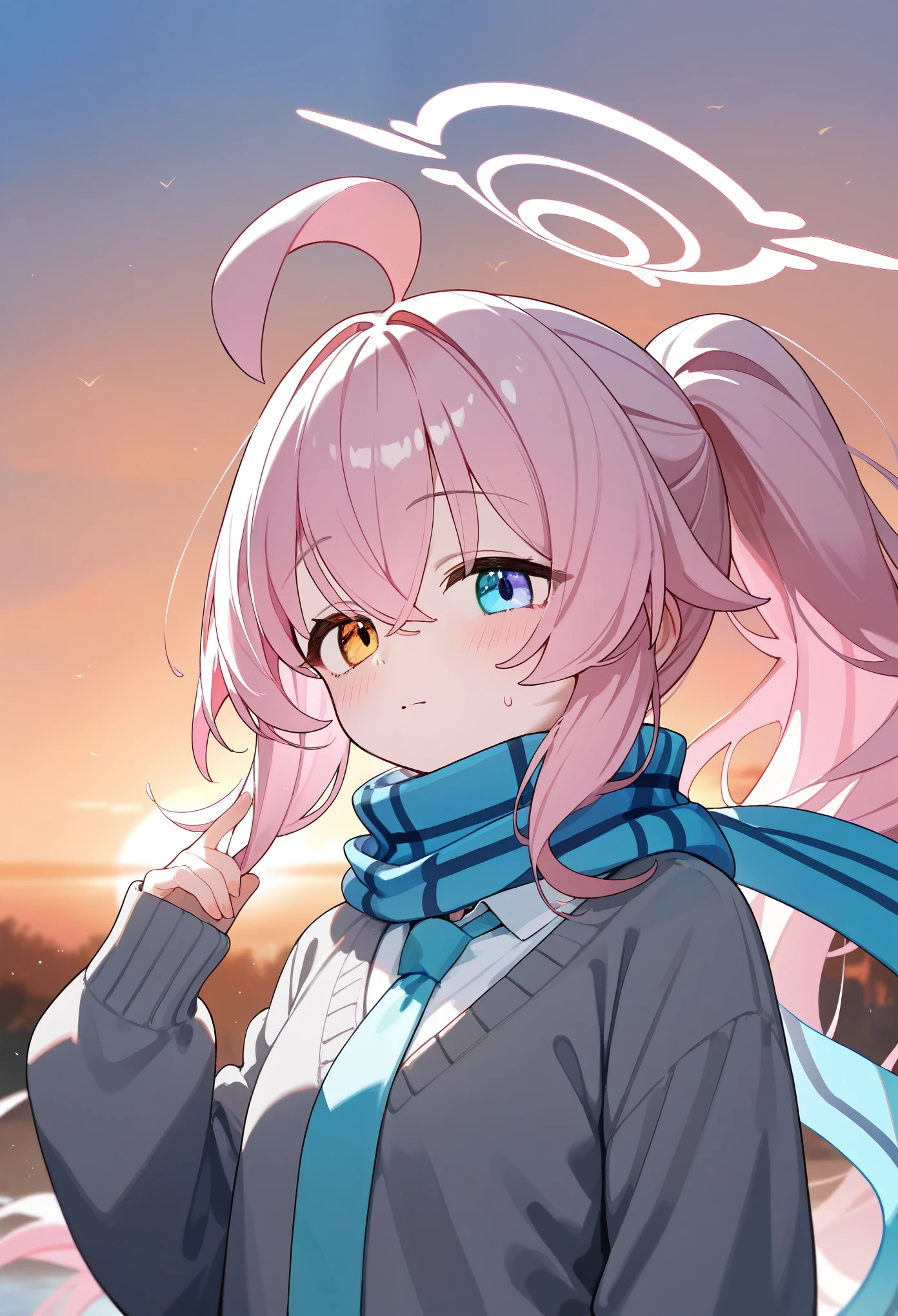 (score_9,score_8_up,score_7_up,),medium hair,heterochromia,ponytail,ahoge,halo,grey sweater,pink hair,(hoshino-ponytail:0.8),(hoshino \(blue archive\):0.8),(blue scarf:1.1),(white shirt,blue necktie:0.9),shoes,beautiful eyes,upper_body,portrait,sunset,outdoors,