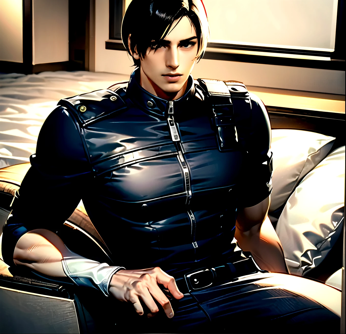 (Highly detailed CG), ( best quality), (Highly detailed CG), ( best quality), (Leon S. Kennedy), (Overall view) SWAT Clothing, Beautiful and attractive young man, Lean and muscular