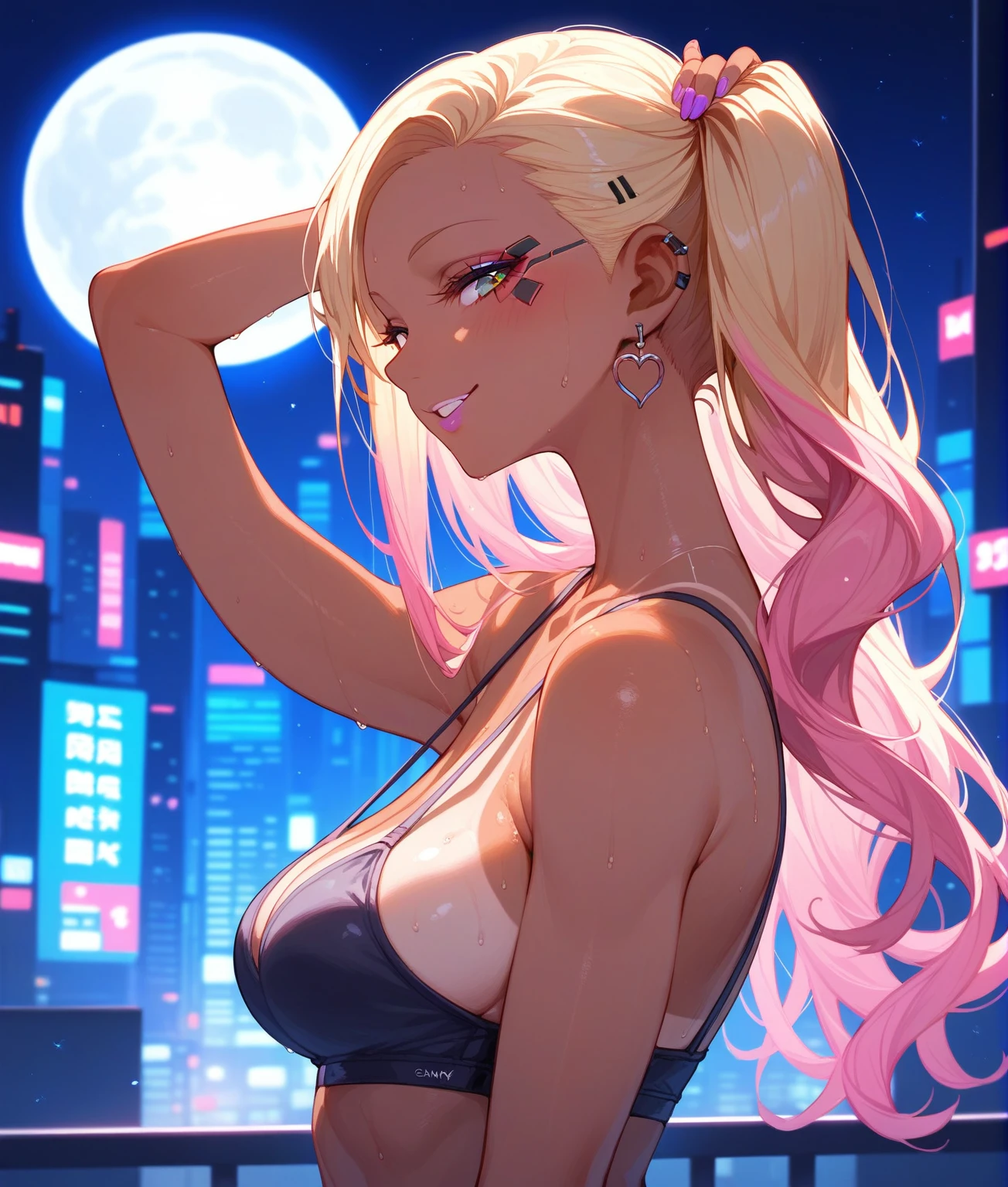 1girl,Gyaru make, tan, Gyaru, gyaru clothing,cowboy shot,from side,hand in own hair,seductive smile,sweat
,masterpiece,best quality,ultra detailed,8k portrait,unity 8k wallpaper,super fine illustration
,moon night,Cyberpunk Cities,Skyscraper Rooftop Gardens