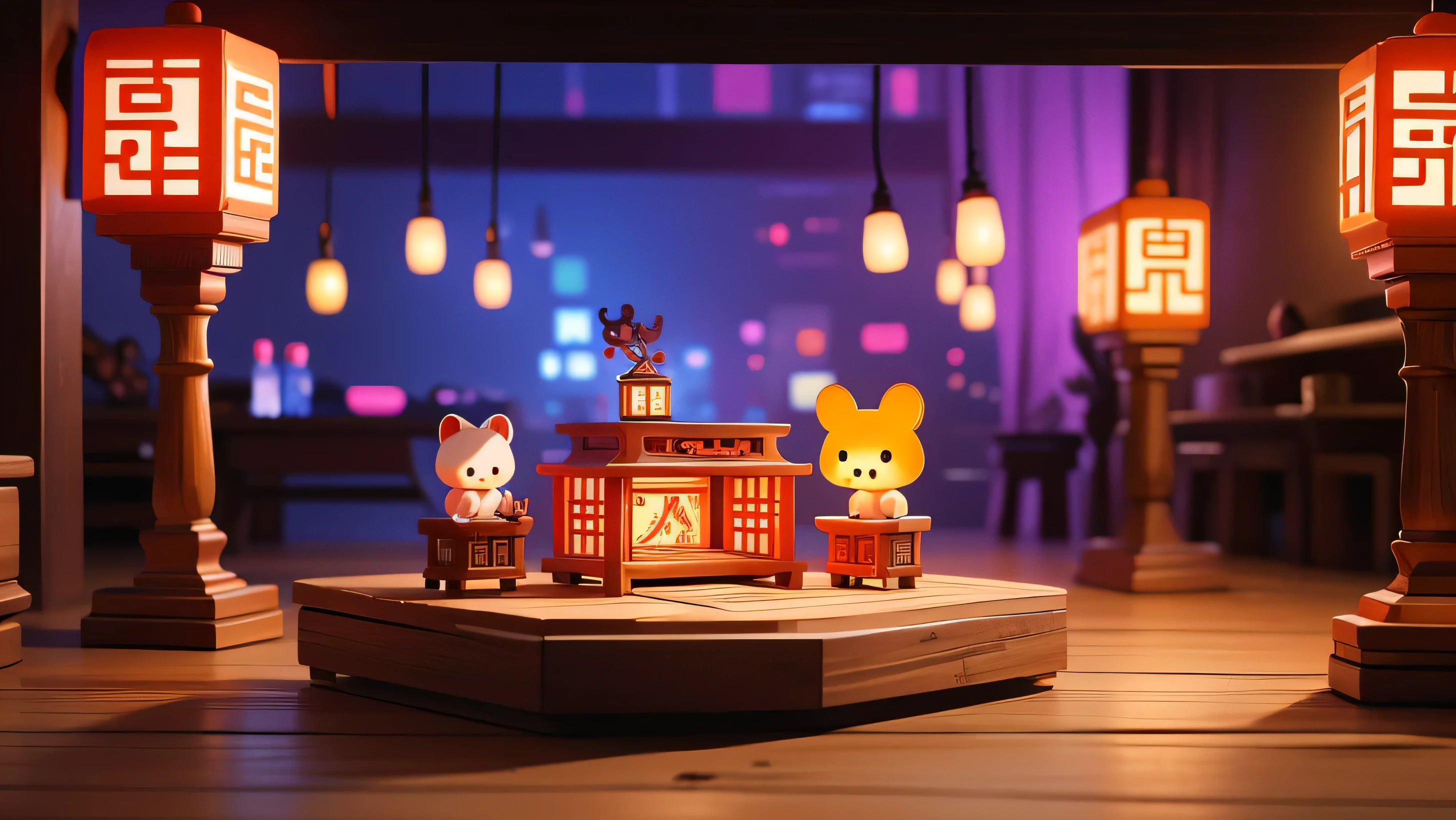 Fullhd 2k resolution photo,Cute Lucky Cut on Table, High Detailed,Made with Chinese and Japanese Wooden Cut,Colourful,High Standards,Very Expensive Toy, Cenimatic Lighting, UHD, Cyberpunk Background, Music box,