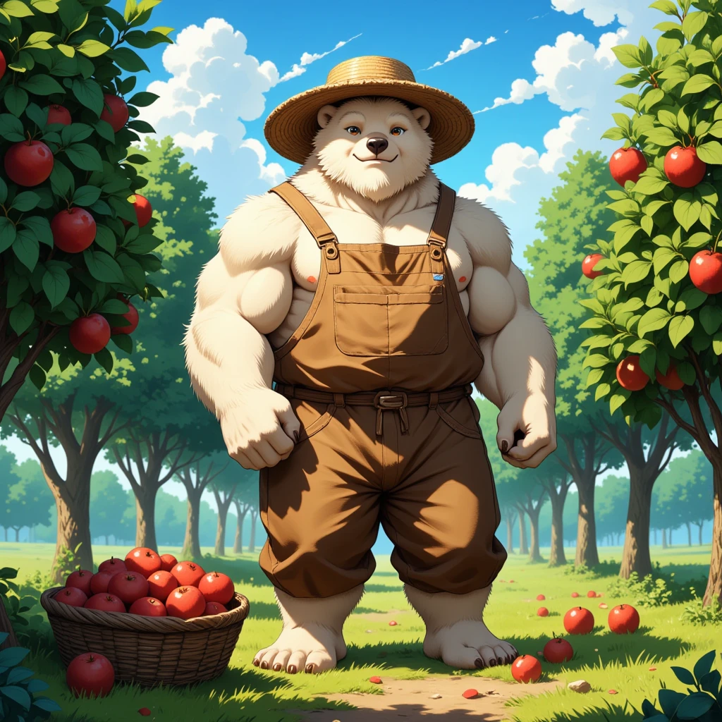 character focus, full body, looking away, dynamic angle, farmer, a musclegut middle-aged polar bear man, full body in Michelangelo Buonarroti style, housamo style, digital illustration anime, niji6, BREAK happy, little smile, working were clothes, straw hat, shirt, pants, sweet apple, harvesting fruits, dynamic pose, detailed painting landscape, morning, a grove of trees wordnet, tall sweet apple trees, outdoor, full color, HDR, BREAK complete anatomy, perfect proportions, beautiful thigh gap, fluffy body, intricate fur details, beautiful fur texture, BREAK (a detailed polar bear 1tail), detailed toe, 5toes, 5toes nails, beautiful foot, detailed hands, 5fingers, 5fingers nails, BREAK anime face, insanity detailed face, male face, big face, square jawline, anime intense eyes, detailed brown eyes, detailed brown cornea, detailed dark brown irises, detailed pupils, male eyes, male eyebrows, beautiful beard, BREAK masterpiece, official art, best quality, very aesthetic, absurdres, super fine illustration, great quality, BREAK noise reduction, very highres, large filesize, high quality, 32K, 8k wallpaper, dynamic lighting, BREAK insanity detailed, ultra detailed, intricate details, extremely detailed, detailed texture, an extremely delicate and beautiful, BREAK e621 illustration, osukemo, kemohomo, anthropomorphic, furry, harmonious body, pastoral face, virtuous eyes, harvesting atmosphere