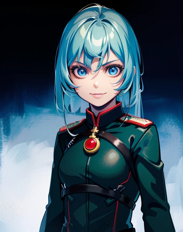 a beautiful young girl in a military uniform, (Degurechaff, 1girl, smile, teen, blue eyes, psychotic eyes, detailed face:1.2), vibrant colors, sharp focus, intense lighting, surrealistic atmosphere, wartime setting, magical elements, (best quality,4k,8k,highres,masterpiece:1.2),ultra-detailed,(realistic,photorealistic,photo-realistic:1.37)