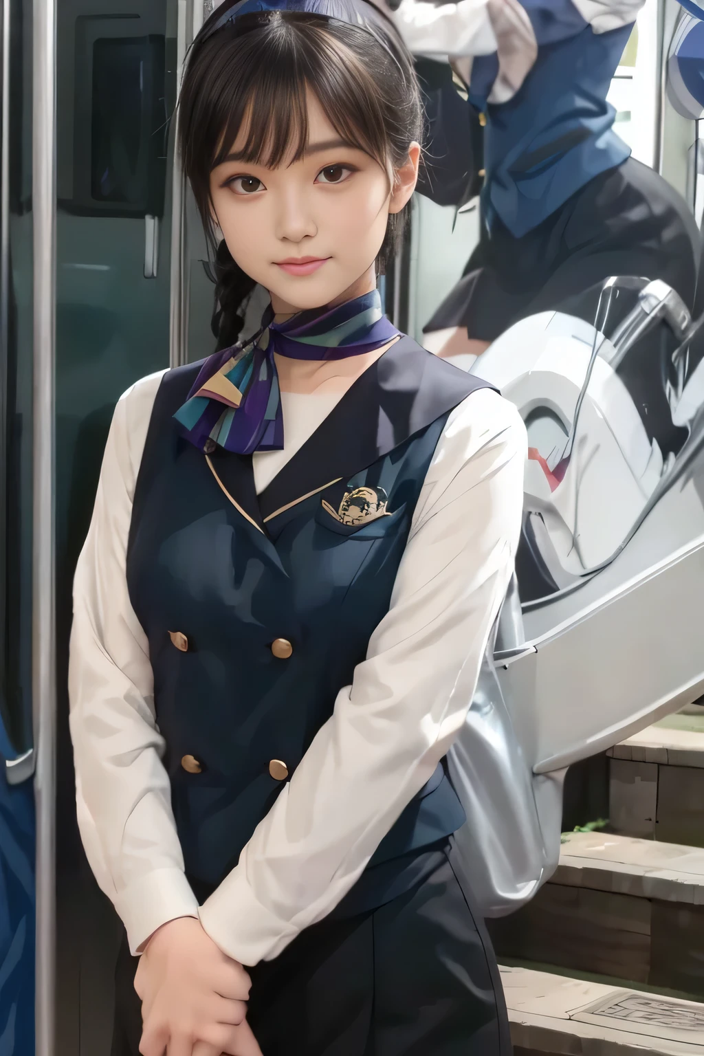 (masterpiece:1.2, Best Quality:1.2), 32kHDR, Kampala , (Alone、  1 girl)、（on board、  professional lighting ）、In-flight background、（Nankai Train crew uniformを着たリアルスタイル）、（（  Nankai Electric Railway Crew Uniform Collarless Blouse Long Sleeves 、 Black Curled Culottes Skirt 、Scarf around the neck））、 Dark brown hair、（ Long Hair、Hair tied up、 summary hair ）、 Dark brown hair、 Long Hit 、Big Breasts、Thin legs、（（Great hands：2.0）），（（  harmonic body proportions ：1.5）），（（Normal limbs：2.0）），（（Usually refers to：2.0）），（（Delicate Eyes：2.0）），（（Normal eyes：2.0））)、smile、（Nankai Train crew uniformを見せた美しい姿）、Hands crossed underneath 