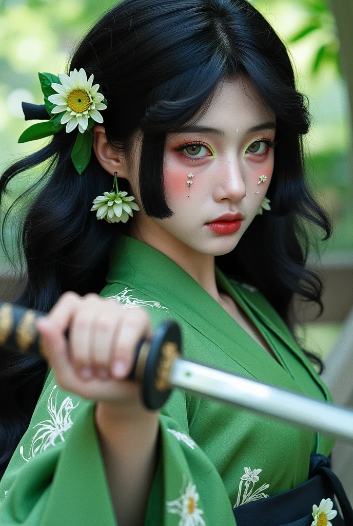 Young woman,  Long Black Hair , Straight bangs downwards,  pale skin ,  green eyes , Serious face, green Japanese kimono,  beautiful ,  green background , Brave Pose , Samurai sword, Powerful,  Sexy woman , fighting, strength.