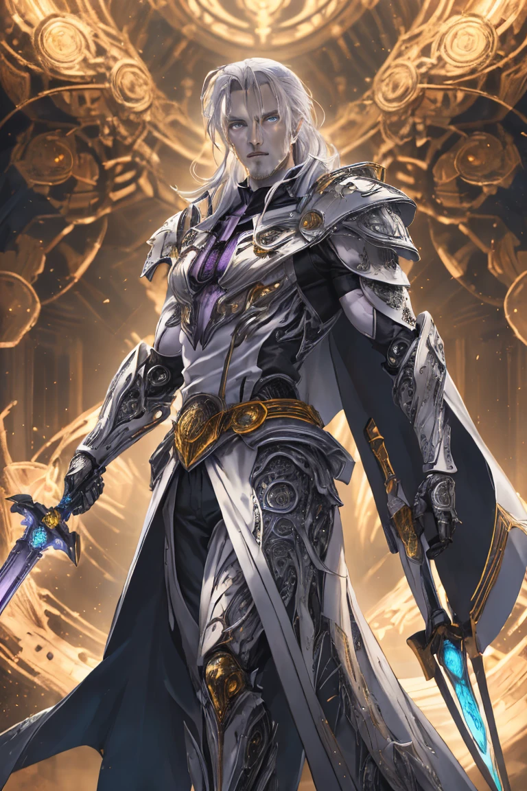 Photo of a mature man from the front, long white hair, wearing a purple mechanical suit, purple cape, holding a golden mechanical sword, mech4rmor, shiny, intricate mechanical details, highly detailed, purple eyes, ((pale skin)), intricate details, detailed background, depth of field, dynamic pose, dynamic angle, (muscular),looking at viewer