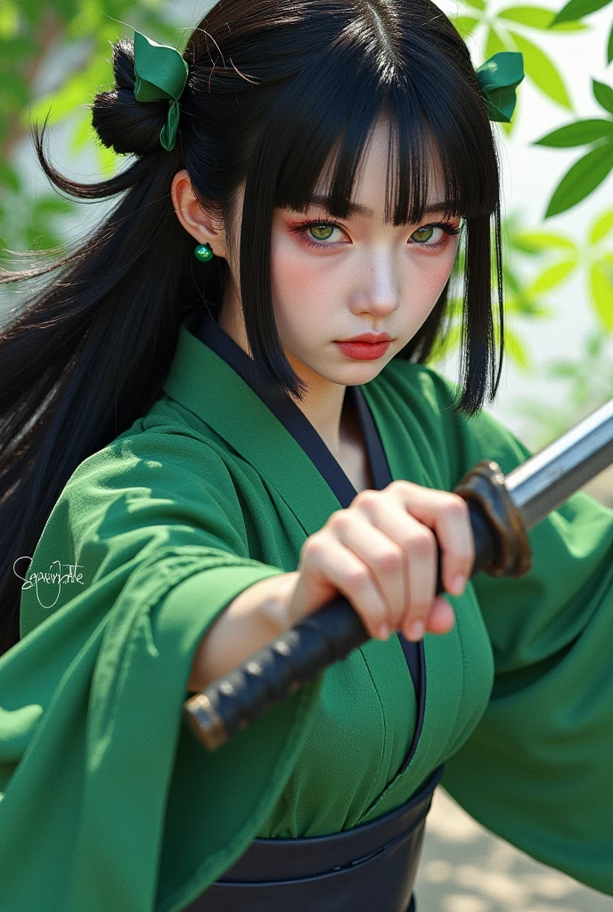 Young woman,  Long Black Hair , Straight bangs downwards,  pale skin ,  green eyes , Serious face, green Japanese kimono,  beautiful ,  green background , Brave Pose , Samurai sword, Powerful,  Sexy woman , fighting, strength.