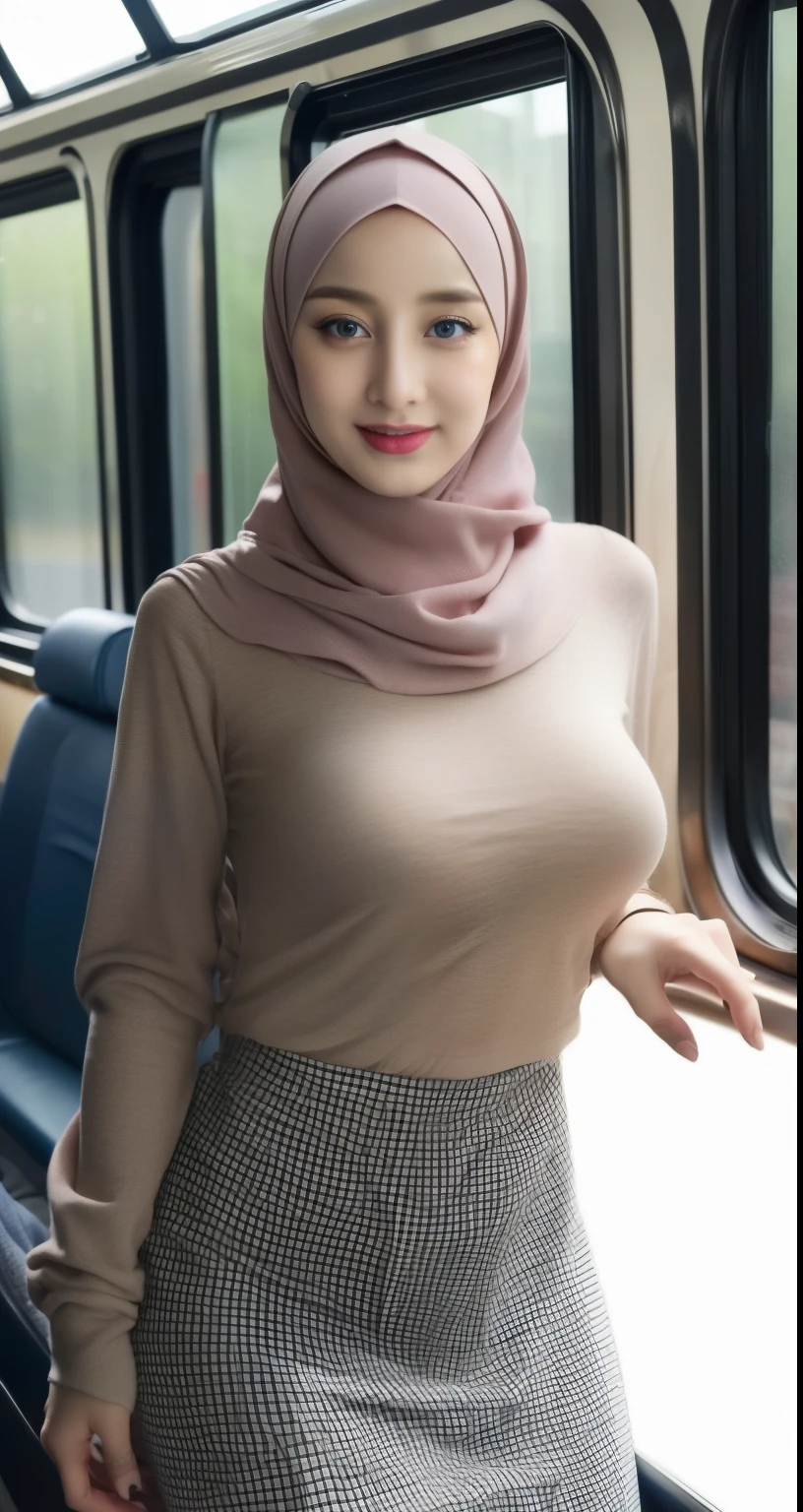 1girl, beautiful detailed eyes, beautiful detailed lips, extremely detailed face and portrait, long eyelashes, hijab, selfie, smile, in train, tight hijab outfit, tight clothing, sexy hips, focus on thighs, hijab style, realistic, photorealistic, HDR, UHD, professional, vivid colors, warm lighting,evening day,masterpiece