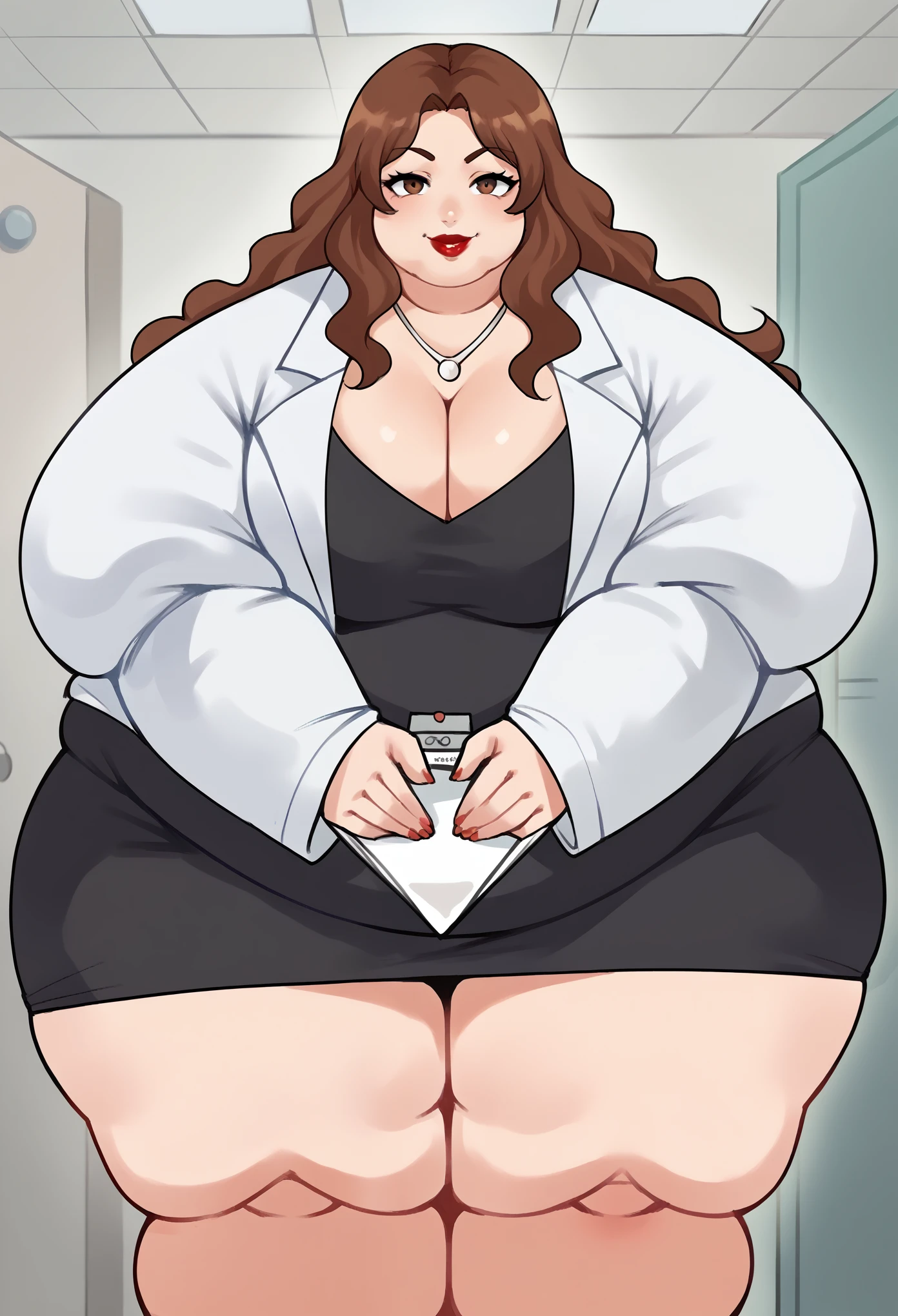 score_9, score_8_up, score_7_up, source_anime BREAK 1girl, solo,   natsumip1, long hair, wavy hair, brown hair, lab coat, black dress, cleavage, medium , necklace, lipstick, cowboy shot, nurses office, hospital room, seductive smile, looking at viewer, fat, chubby, obese, gigantic arms and legs 