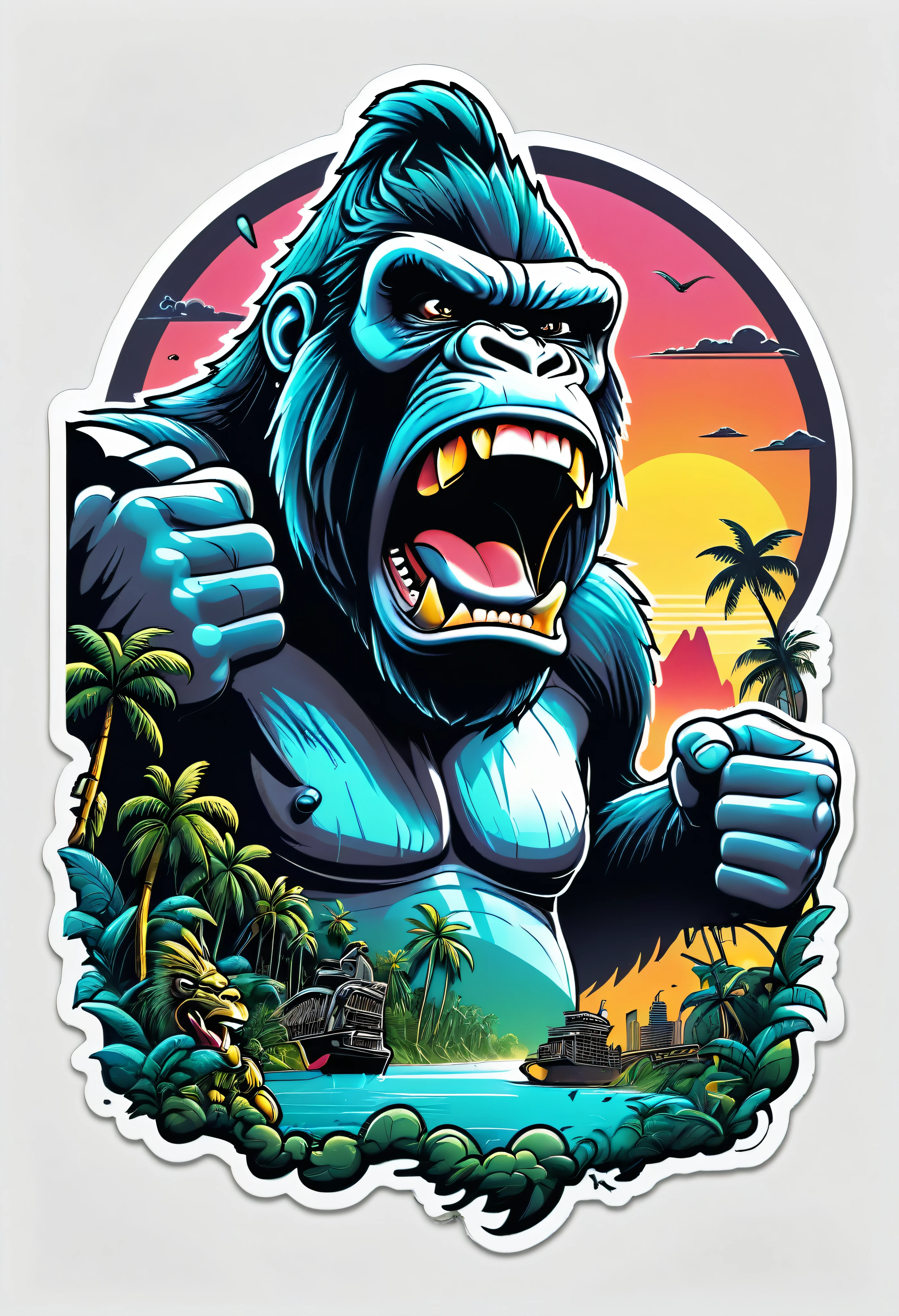 (((a sticker))), (((white background))),splash art, intricately detailed t-shirt design ready for print , 2d, ONE angry wild shouting furious  HUGE KING KONG in foreground, Jungle sunset at the background, vibe detailed design for streetwear and urban style t-shirts design, pro vector, (cel-shading style:1.3), inkpunk, (ink lines:1.1), strong outlines, bold traces, high contrast, (cel-shaded:1.1), vector, 32k resolution, best quality, flat lights,vector t-shirt art ready for print, intricate rich extremely complex ornaments illustration, extremely detailed and complex illustration, high detail, clean lines style, intricate high details, (((white plain background)))