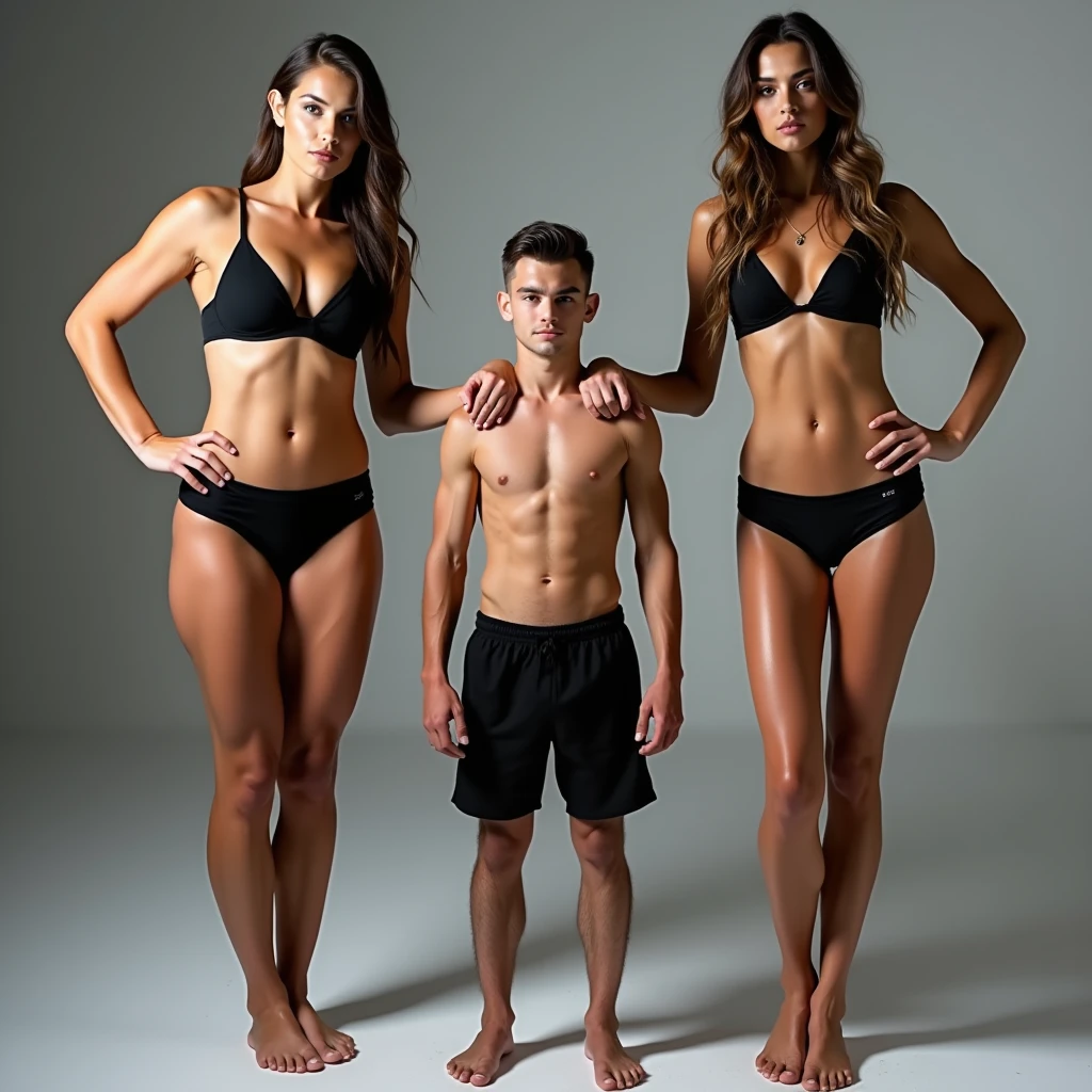 Two Very Tall girls in the left and right, short man in the middle, the two girls are much taller than the man, girls are models, girls are ring girls, man is an mma fighters, girls are topless and exposing boobs and only wearing shorts, man is shirtless and wearing black shorts, girls are standing barefoot, man is wearing shoes