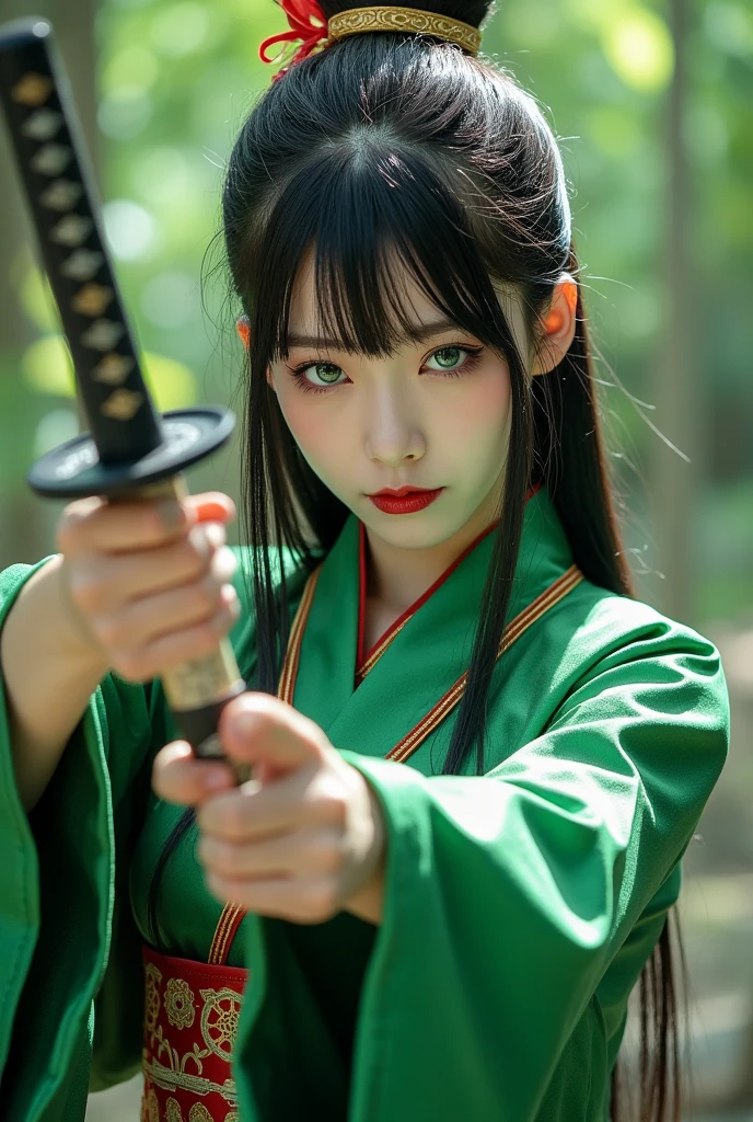 Young woman,  Long Black Hair , Straight bangs downwards,  pale skin ,  green eyes , Serious face, green Japanese kimono,  beautiful ,  green background , Brave Pose , Samurai sword, Powerful,  Sexy woman , fighting, strength.