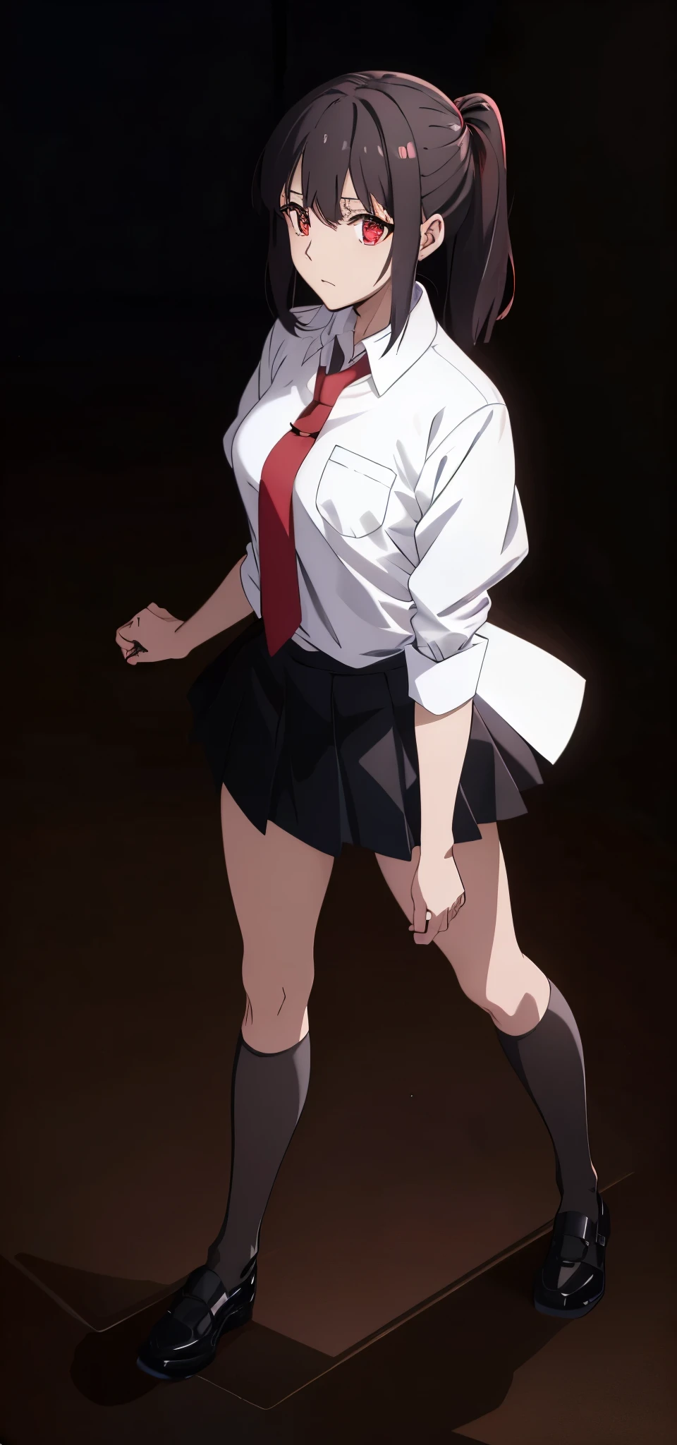 Anime girl walking in corridor, wearing white shirt red tie black skirt, black shoe, anime pretty girl, top view 