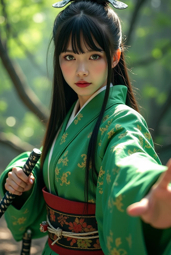 Young woman,  Long Black Hair , Straight bangs downwards,  pale skin ,  green eyes , Serious face, green Japanese kimono,  beautiful ,  green background , Brave Pose , Samurai sword, Powerful,  Sexy woman , fighting, strength.