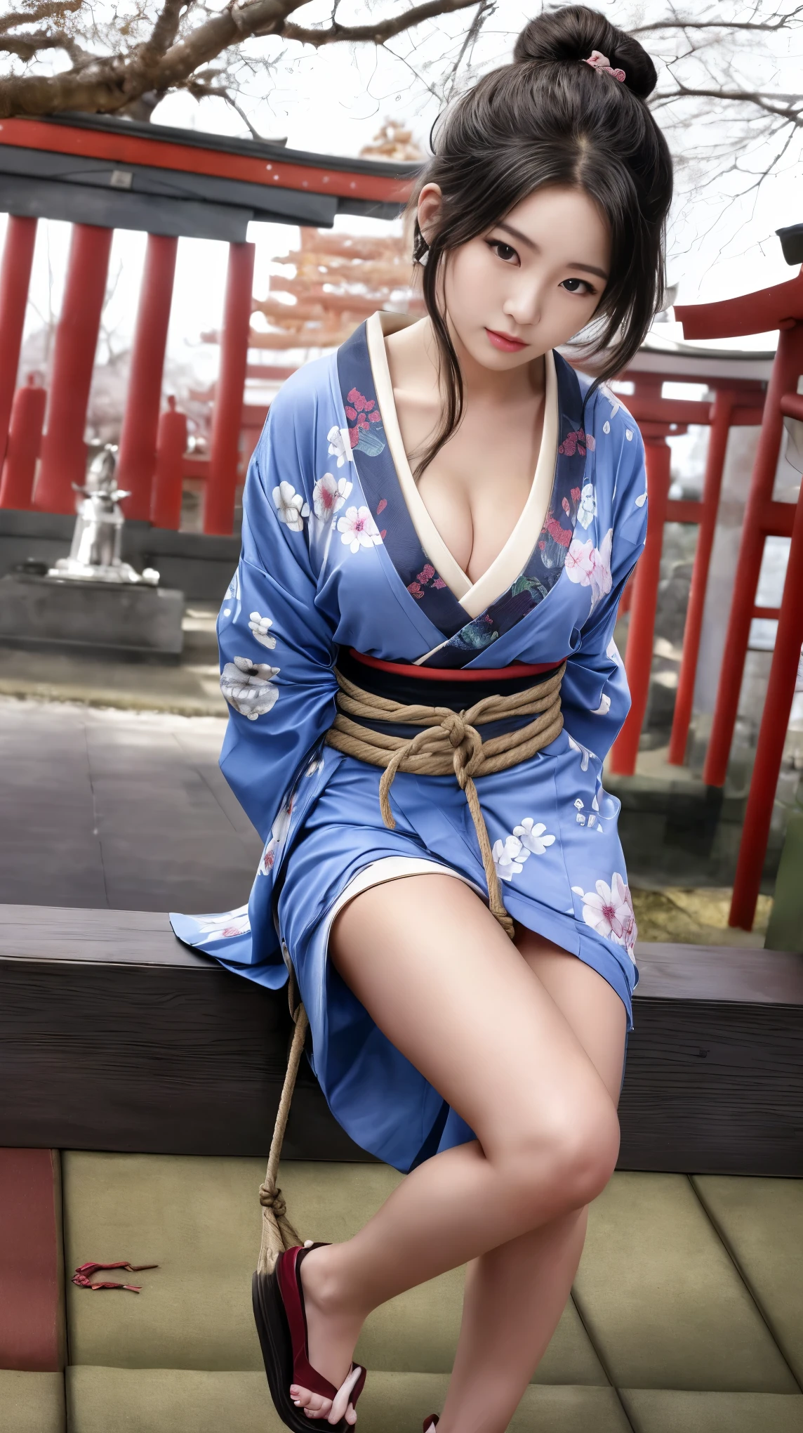 最 High image quality 、 High image quality 、masterpiece、 wonderful、8k、The most Kampala 、 Kampala 、Realistic images、 Perfect Details 、Realistic and detailed human body、 Realistic 、 detailed and realistic face 、 has been faithfully reproduced down to the smallest detail 、 Realistic lips drawn in every detail 、Realistic ears、Realistic, Detailed Hair 、 Precise Realistic Fingers 、(Beautiful Hands、thumb1reference4)、Detailed feet、(( Japanese model))、(( HIGH SCHOOL GIRL))、((gravure.Idol))、((Young Face))、( Black Hair )、( Random Hairstyles )、((whole body))、(( Beautiful round breasts 、Average chest))、(( professional model body type 、 Slender body ))、(whole body glossy skin、 white skin)、(( Girl in a kimono with a floral pattern ))、((Traditional Japanese BDSM))、(( torture with a traditional Japanese rope ))、((traditional japanese torture style))、((hemp rope))、(( Woman tied with a rope to a kimono ))、(( Women's kimono with a hexagonal knot on top of a women's kimono ))、((hemp ropeロープ))、(( She is tied with a rope intricately tied from the top of her kimono.))、(( A girl in a kimono tied with a rope ))、(( tie your arms behind your back ))、(( Japanese Shrines 、Japanese Temple、 Japanese garden ))、 Poses that make your thighs look beautiful