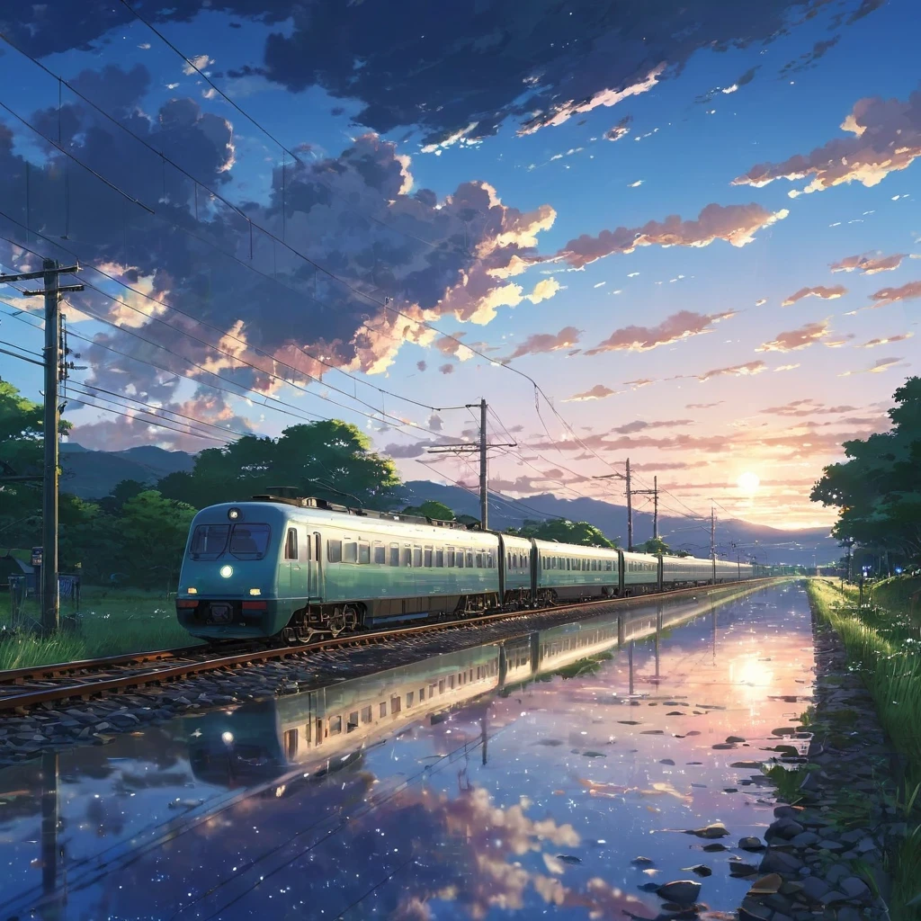 High quality masterpieces, landscapes, clouds, anime train passing water bodies on railway tracks in the distance, bright starry sky. traveler, romantic lights, pixiv, concept art, lofi art style, reflection. Makoto Shinkai, rophy art, beautiful anime scenes, anime scenery, detailed scenery — width 672, Makoto Shinkai's style, Makoto Shinkai's style, enhanced details.