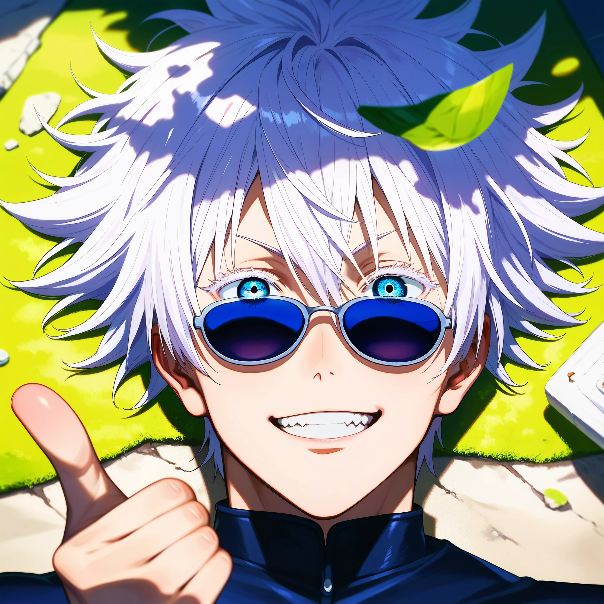 score_9, score_8_up, score_7_up, score_6_up, score_5_up, score_4_up, best quality, masterpiece, (((detailed eye))), BREAK 

1boy, gojou satoru, white hair, short hair, spiked hair, blue eyes, colored eyelashes, sunglasses, hair between eyes,

thumbs up, great smile, Destroyed city in the background, with a creepy monster lying behind it
