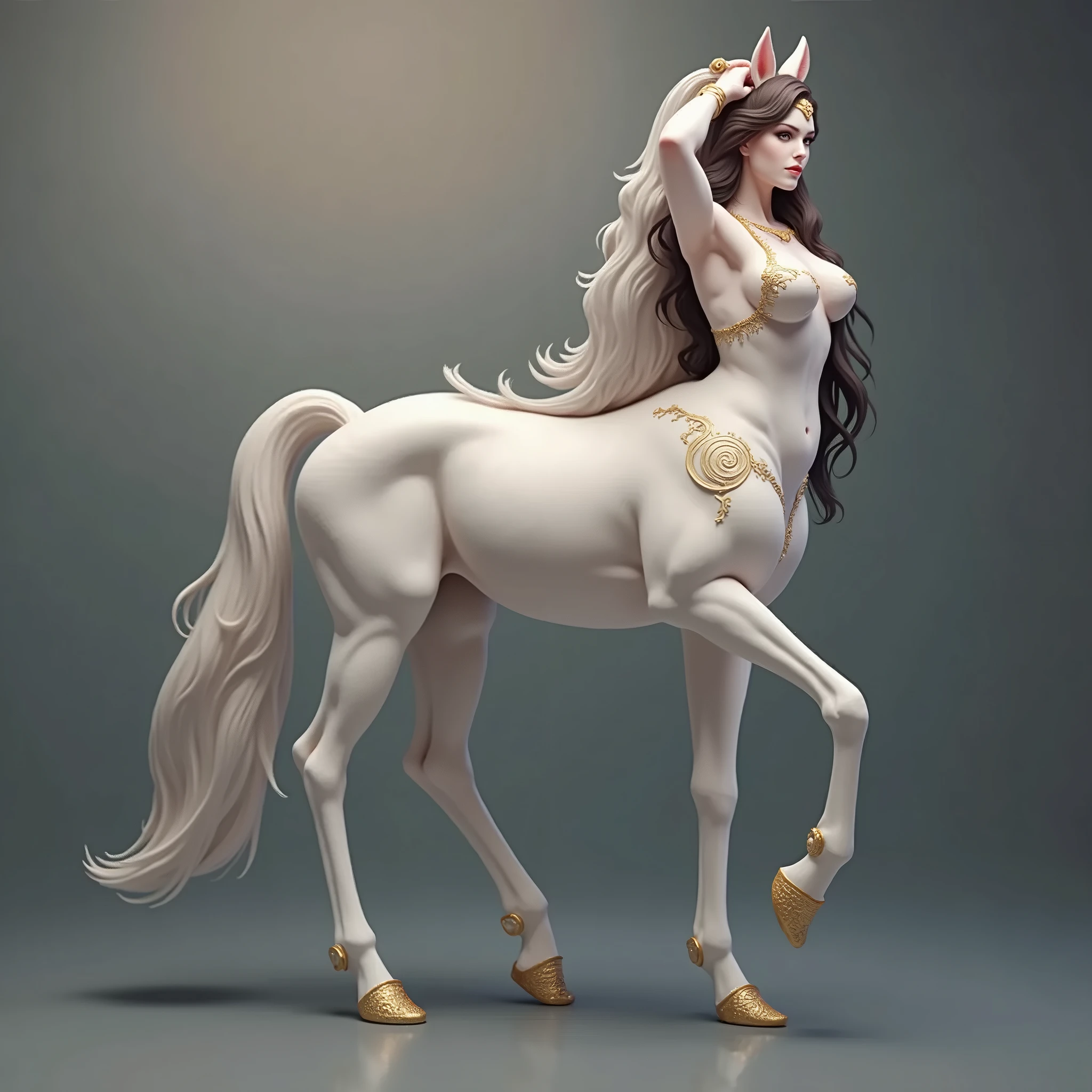 Centaur woman in gold high heels,The background is in the steppe Gobi Desert,exquisite facial features,beautiful face,The long hair of the shawl uniformly extends to the waist,Unbeatable,delicated,Hyper-realistic,Photorealsitic,8K,unreal-engine,ultraclear,Environment and protection from light,Vista mode,artwork of a,masterpiece,High-resolution path,best qualtiy,Photoreal