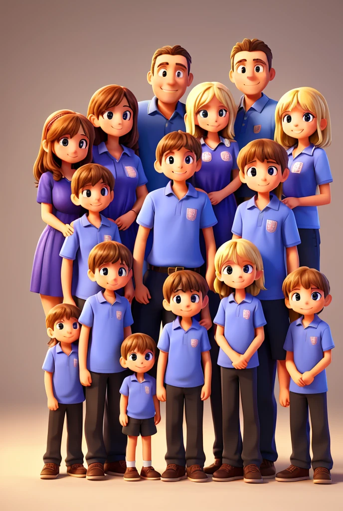 Make me an image of a family of five members with a male father, a female mother, her son, son, son, smiling and two daughters smiling, one taller than the other 