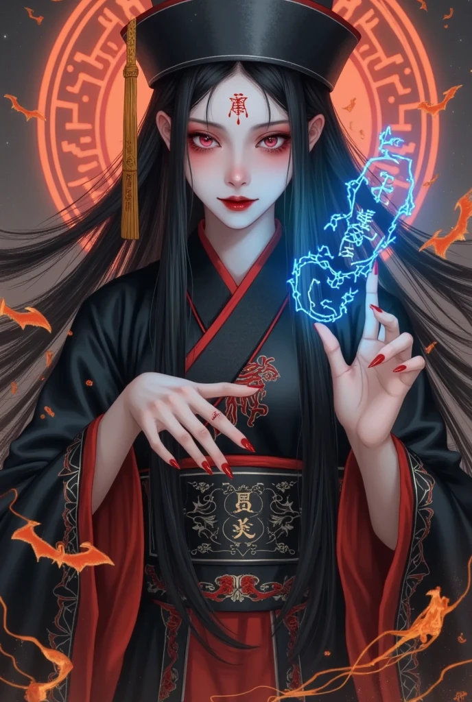   Art Illustration， colored pencil drawing  ： The  , teeth， ANIMATED COMICS  ，Qing Dynasty， OFFICIAL SERVICE ，Official hat，black， orange runes floating in the air ，  glowing blue symbol  ，  glowing blue symbol , Ghost Bridge ,  Meng Po soul soup , Halloween, Terrible, 长着black长发的女鬼的详细画像,  pale skin ,  sunken eyes ,  锋利的teeth , Dark Energy, Dark Shadows, Gloomy lighting ,  dark red and purple tones , Realism, masterpiece, 8K,  super detailed,  surrealism,  dramatic lighting,  eerie atmosphere ,  Dark Fantasies , Movie, fear, crawl, Disturbing