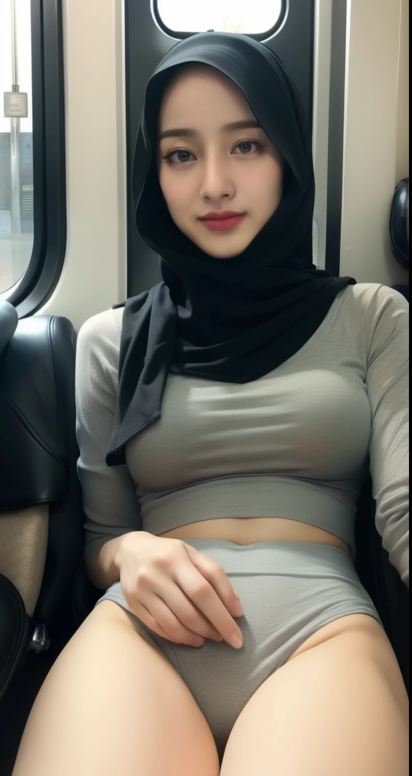 1 lady, 20 years old, best body, wearing peach hijab, hijab covers whole hair, wearing beige shirt, very tight shirt, good lighting , sitting in airplane, leaning back, head resting on window, casual wear, close shot, shiny skin, big breast (huge breast 1.6), shot from front