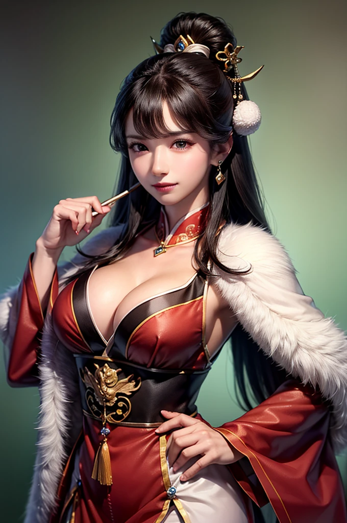 Close up of a woman in a red dress with a sword,beautiful empress ,Chinese Warrior, beautiful rendering of the Tang Dynasty, Beautiful Fantasy Empress ,masterpiece,Ancient Chinese Goddess,1 person,Close up of a woman with big breasts and cleaves , Highly Detailed Face and Skin Textures,  and looks at the camera,Perfect beauty: 1.4, fine grain,double eyelid, Whitening skin,Best Quality,  ultra high resolution ,  simple background, 8k high quality detailed art ,