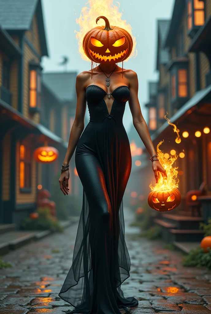 (beautiful blonde woman,1 girl,head to toe photo,dressing up as a sexy witch,pumpkin hiding her big breasts,autumn vibes,halloween vibes,night,light garlands,full body,photorealistic,highly detailed,8k,masterpiece,vivid colors,dramatic lighting), provocative, heels, sexy