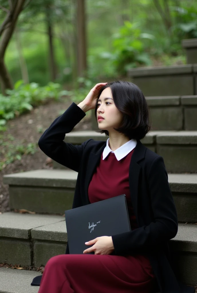 (MasterPiece), ((photography)), realistic, 8k, A young woman sitting under a tree, looking serene and thoughtful. She wears a deep red dress with a white collar, paired with a black coat draped over her shoulders. Her hand rests on her head, eyes softly closed as if lost in thought. She holds a black folder with faint writing on it. The background shows stone steps and lush greenery, creating a calm and introspective atmosphere in the scene.