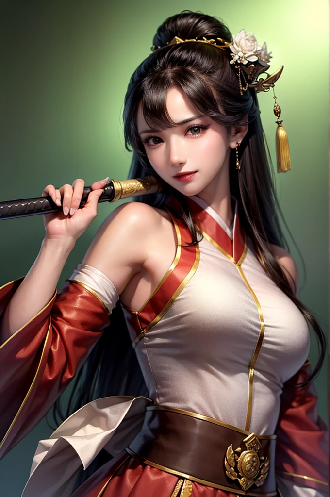 a woman in a white robe holding a sword, a portrait, inspired by Tsukioka Yoshitoshi, pixabay, high - end fashion photoshoot, dilraba dilmurat, sultry expression, wearing japanese techwear, fierce expression, close - up studio photo, of a youthful japanese beauty, cindy avelino, fierce - looking