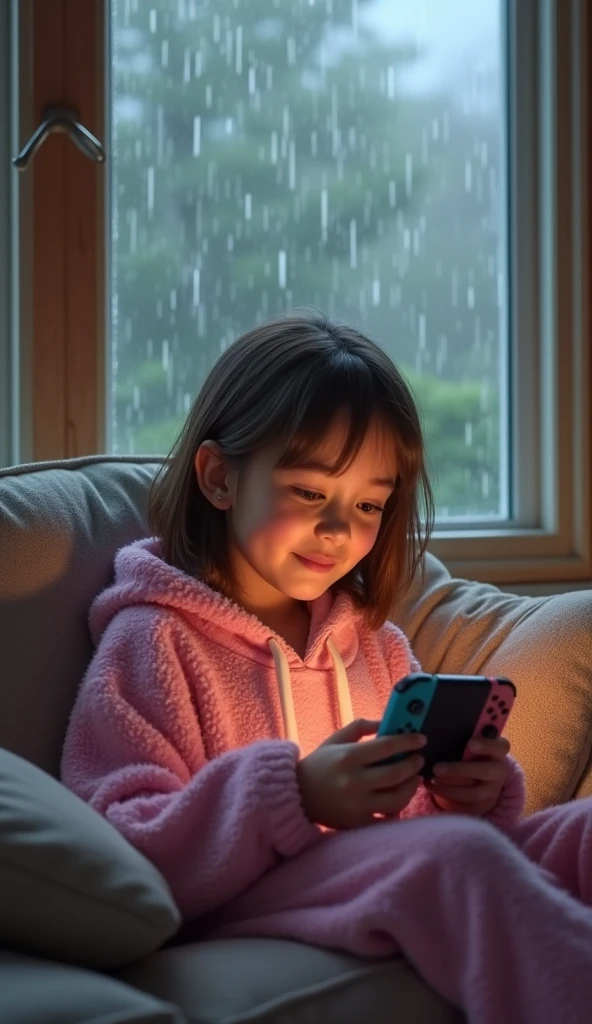 once girl, brown hair, brown eyes, medium shot, fluffy pink hoodie, curled up on the couch with Nintendo switch, raining outside, New England, photography, realistic