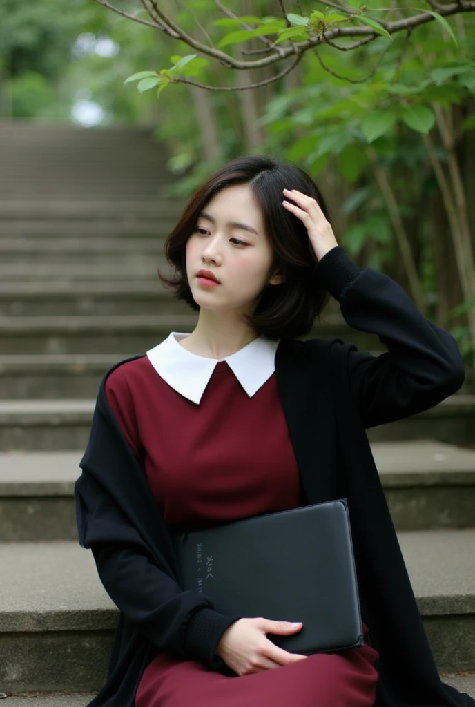 (MasterPiece), ((photography)), realistic, 8k, A young woman sitting under a tree, looking serene and thoughtful. She wears a deep red dress with a white collar, paired with a black coat draped over her shoulders. Her hand rests on her head, eyes softly closed as if lost in thought. She holds a black folder with faint writing on it. The background shows stone steps and lush greenery, creating a calm and introspective atmosphere in the scene.