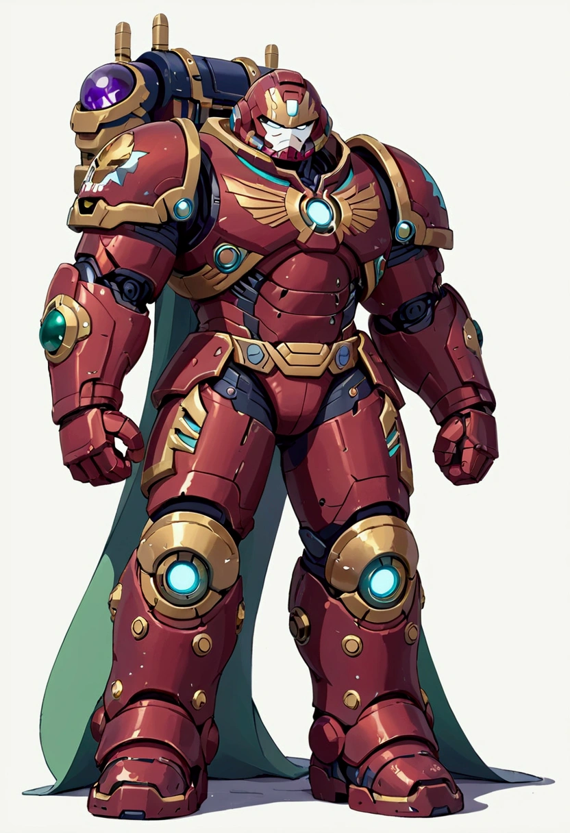 ((illustration)), (best quality)), ((masterpiece)), (detailed), white background, full body, solo, male focus, front view: 1.5, Hulkbuster1024, knight armor, primaries helmet, holding bolster, 2d, cartoon, flat color, wyatt