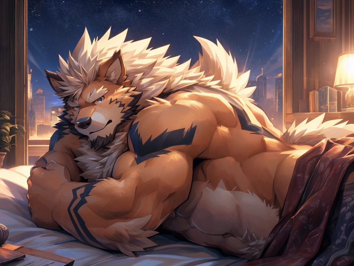 Diederich, male, wolf, long red hair, red fur, muscular, red hairy chest, hairy armpits, side view, round butt, tail, laying down, naked, fully naked, nudity, hd 8k, happy