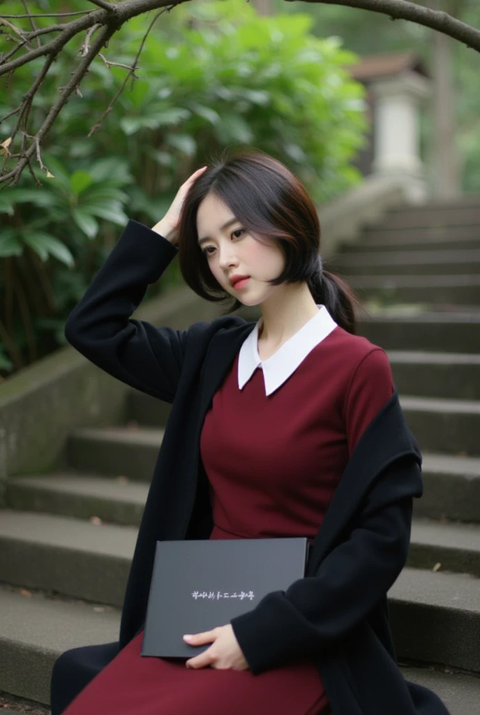 (MasterPiece), ((photography)), realistic, 8k, A young woman sitting under a tree, looking serene and thoughtful. She wears a deep red dress with a white collar, paired with a black coat draped over her shoulders. Her hand rests on her head, eyes softly closed as if lost in thought. She holds a black folder with faint writing on it. The background shows stone steps and lush greenery, creating a calm and introspective atmosphere in the scene.