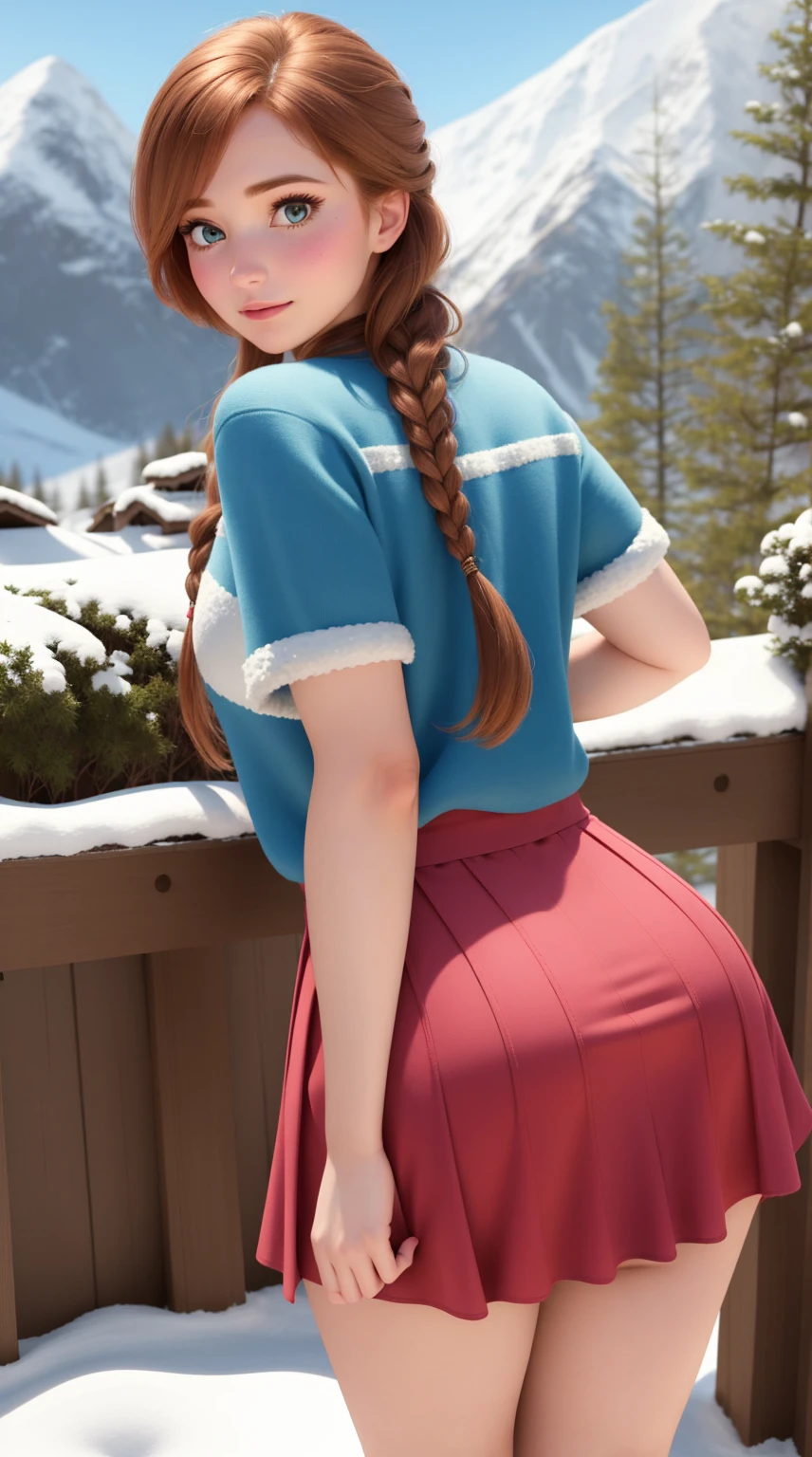woman, ((Masterpiece, best quality)), detailed skin, highly detailed, cinematic lighting, ultra realistic, blush, looking at viewer, anna, anna from frozen, princess, disney, brown hair, long hair, portrait, outdoor, snow, cleavage, large breasts, wide hips, full body view, tall,
skirt, miniskirt, microskirt, pleated skirt, thighs,