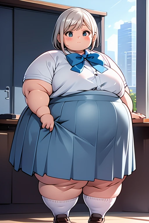  best quality, Super detailed,Fat schoolgirl, Obese, Very big body,cute, Fat belly, Thick arms, Extremely thick thighs, Jerseys, , Junior Student ,  Philippine Uniform , Asian Uniform,  Silver Skirt ,  Silver Little Bow , Full Body,  miniskirt in length, medium breasts, Full Body,  Dido Flip Hair ,  Platinum Blonde Hair, 8k