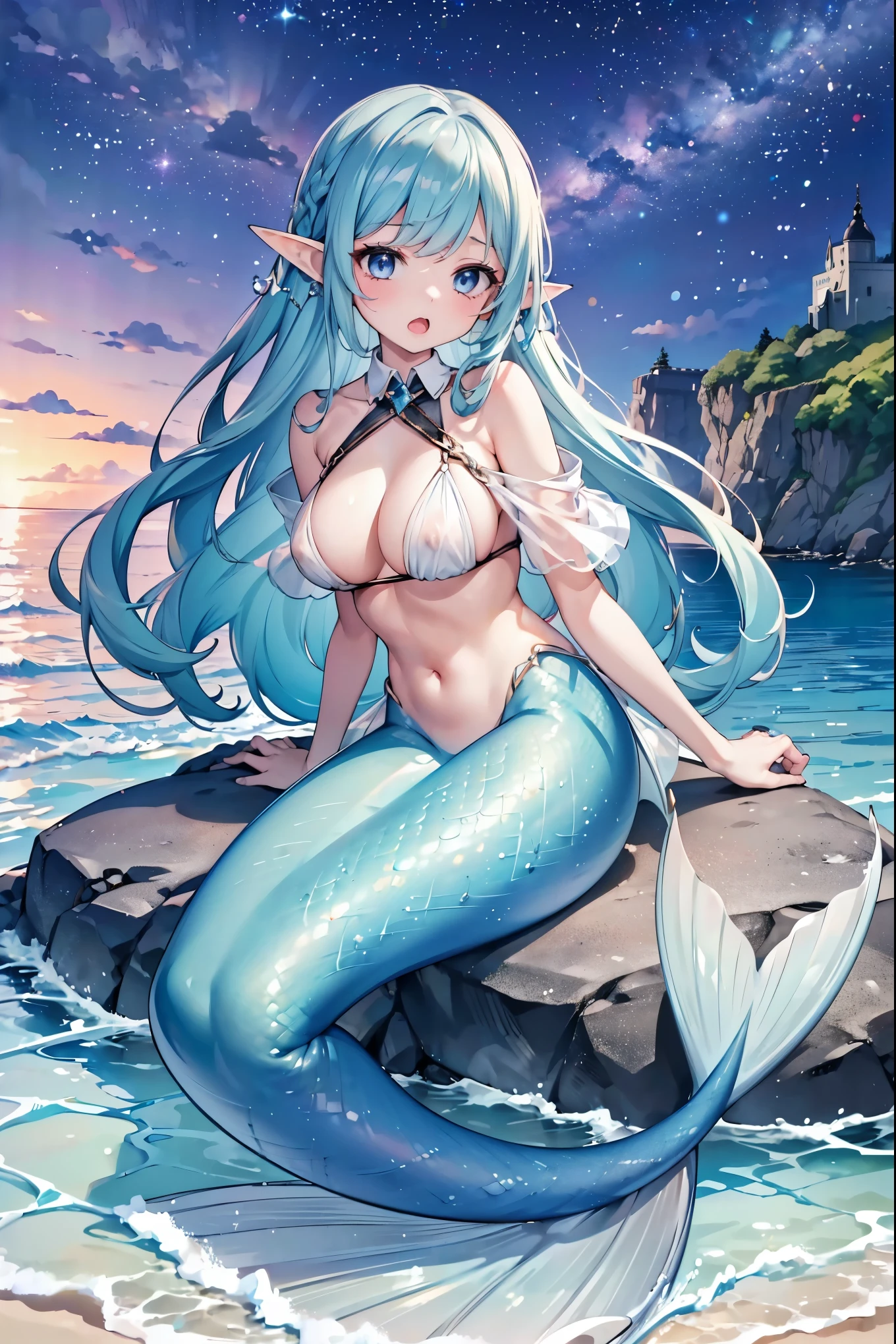 (masterpiece, best quality ),(Full fingers), a girl ,swimsuit, blue hair ,Elf ears, Blue eyes , unique, big breasts ,Mermaid,蓝色的Mermaid尾巴,Full body photo,charming face(Kawaii, charming,Soft),beach,Sitting on the rock,Night view,Open your mouth,Sing