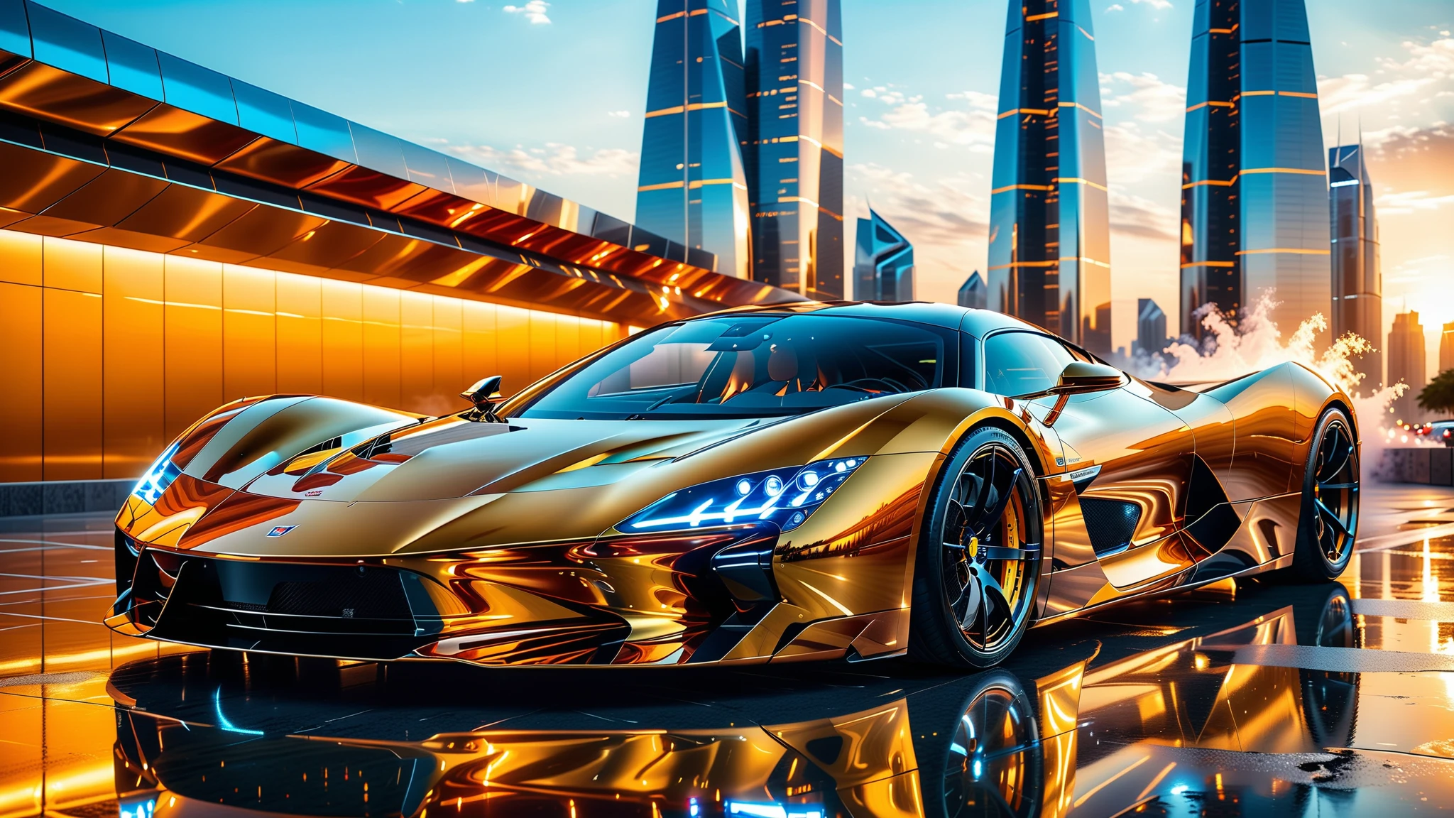 A Masterpiece In 32K Resolution, Supreme Quality, Super Detail, Official Art, Very High-Resolution 32K Wallpaper. Gleaming And Technological, Ultra-Detailed Features. A Gleaming, Ultra-Modern Supercar, Radiating With A Golden Glow As If Forged From Molten Metal. The City Features Towering Silver Skyscrapers And Transparent, Crystalline Domes That Shimmer In The Night. The Streets Are Packed With Sleek Supercars, Leaving Trails Of Fiery Light That Cut Through The Cool, Metallic Hues Of The Metropolis, Casting A Warm Glow Over The Entire Scene. Every Detail Embodies The Essence Of Futuristic Technology And Sophisticated Design.