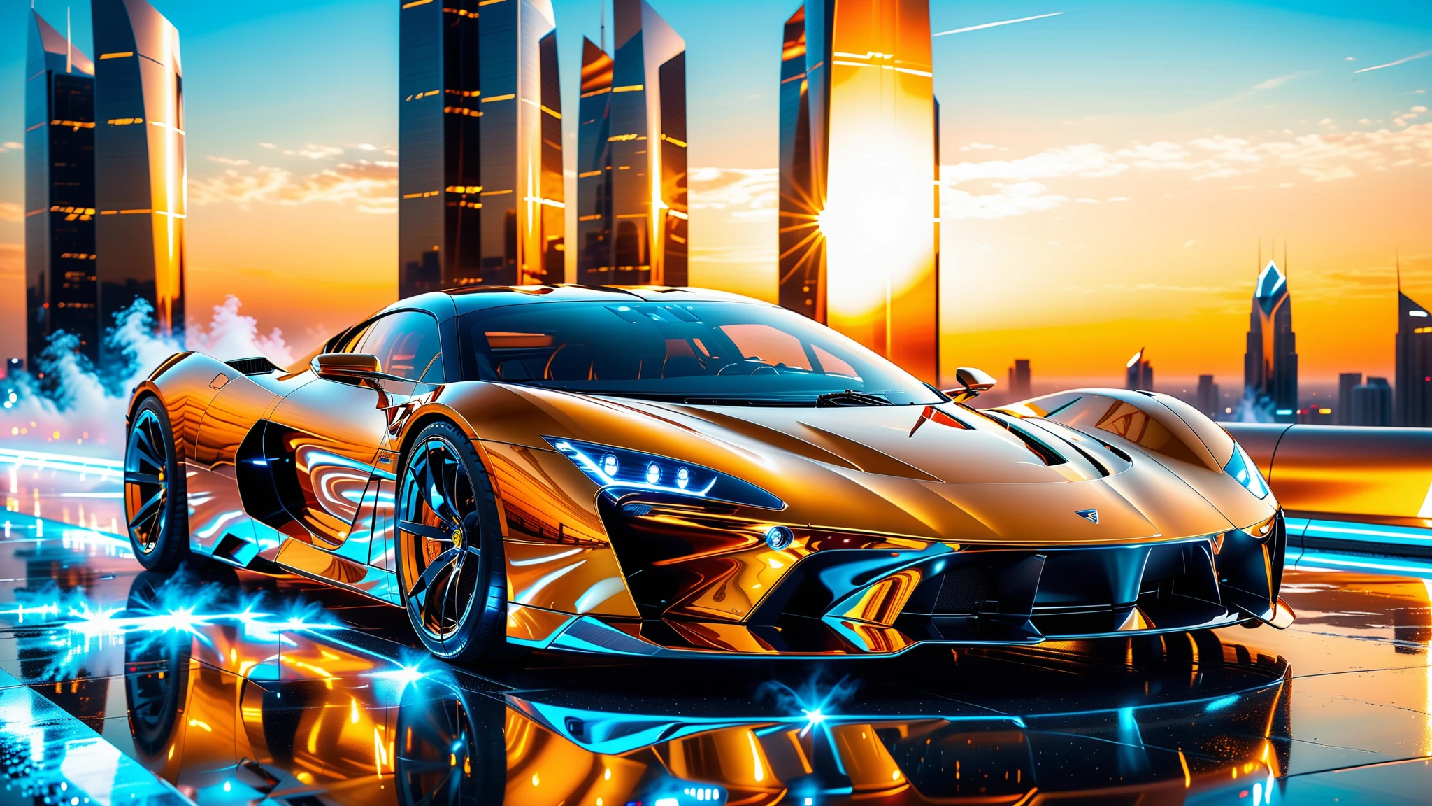 A Masterpiece In 32K Resolution, Supreme Quality, Super Detail, Official Art, Very High-Resolution 32K Wallpaper. Gleaming And Technological, Ultra-Detailed Features. A Gleaming, Ultra-Modern Supercar, Radiating With A Golden Glow As If Forged From Molten Metal. The City Features Towering Silver Skyscrapers And Transparent, Crystalline Domes That Shimmer In The Night. The Streets Are Packed With Sleek Supercars, Leaving Trails Of Fiery Light That Cut Through The Cool, Metallic Hues Of The Metropolis, Casting A Warm Glow Over The Entire Scene. Every Detail Embodies The Essence Of Futuristic Technology And Sophisticated Design.