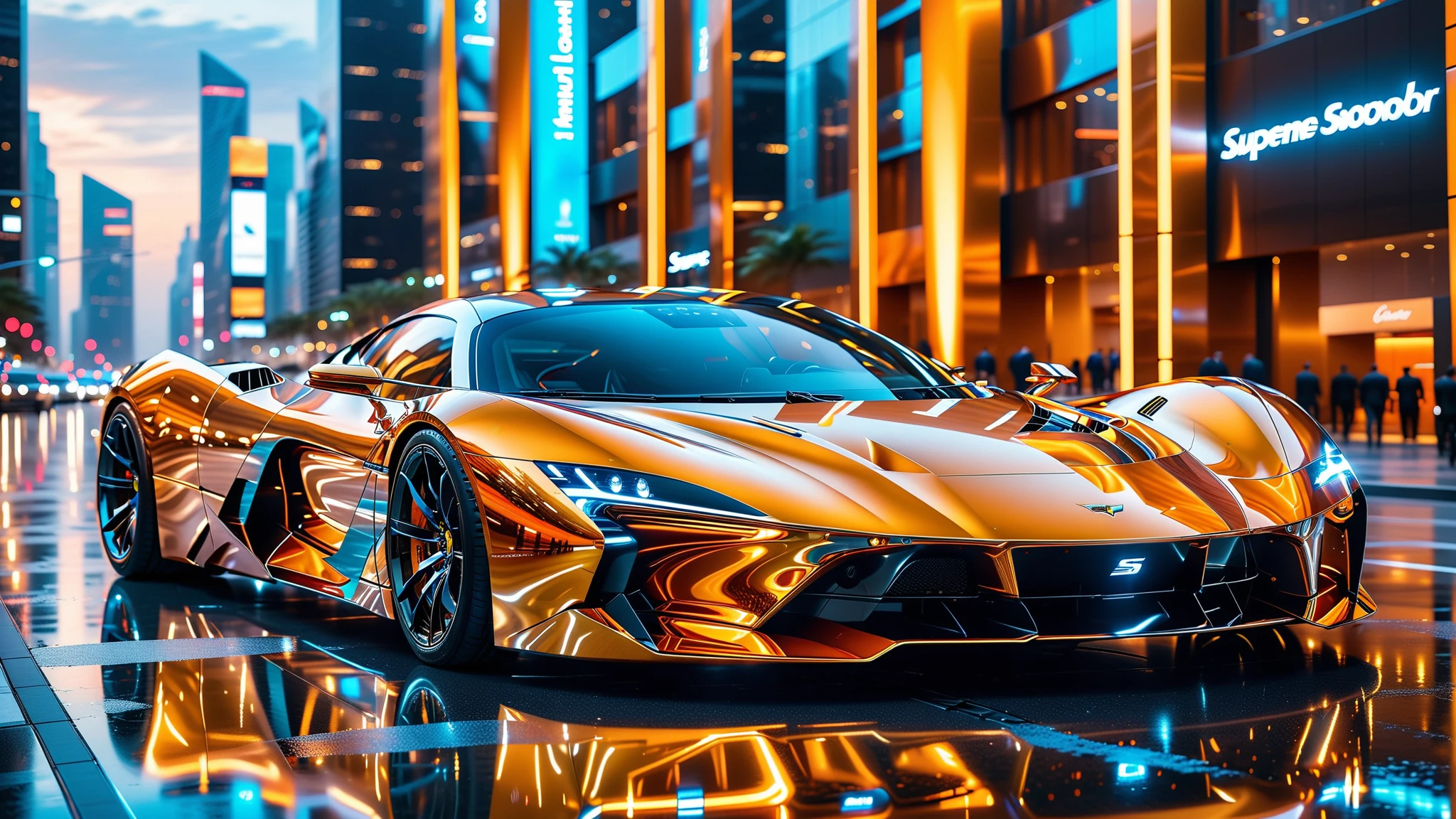 A Masterpiece In 32K Resolution, Supreme Quality, Super Detail, Official Art, Very High-Resolution 32K Wallpaper. Gleaming And Technological, Ultra-Detailed Features. A Gleaming, Ultra-Modern Supercar, Radiating With A Golden Glow As If Forged From Molten Metal. The City Features Towering Silver Skyscrapers And Transparent, Crystalline Domes That Shimmer In The Night. The Streets Are Packed With Sleek Supercars, Leaving Trails Of Fiery Light That Cut Through The Cool, Metallic Hues Of The Metropolis, Casting A Warm Glow Over The Entire Scene. Every Detail Embodies The Essence Of Futuristic Technology And Sophisticated Design.