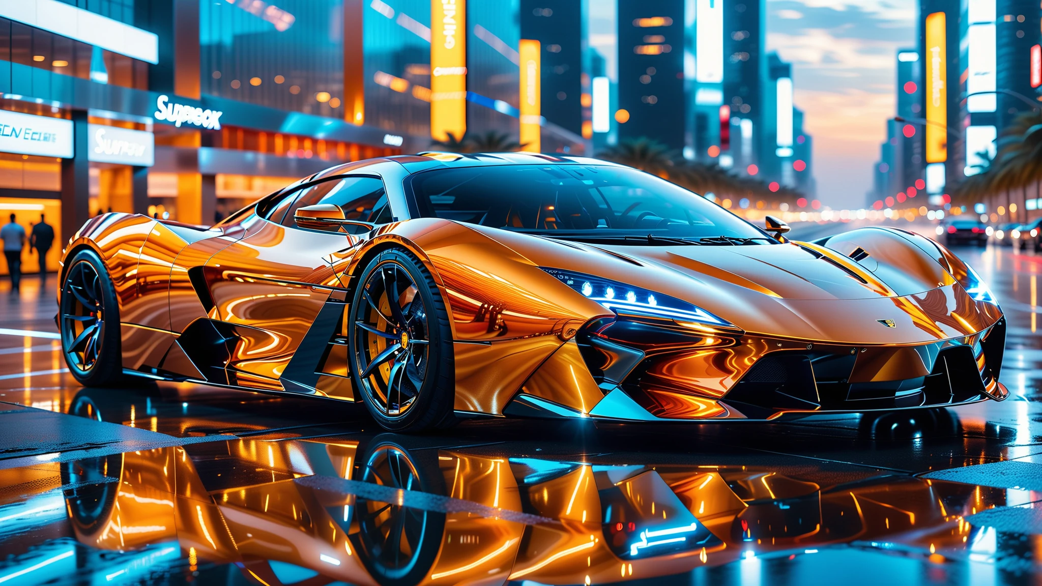 A Masterpiece In 32K Resolution, Supreme Quality, Super Detail, Official Art, Very High-Resolution 32K Wallpaper. Gleaming And Technological, Ultra-Detailed Features. A Gleaming, Ultra-Modern Supercar, Radiating With A Golden Glow As If Forged From Molten Metal. The City Features Towering Silver Skyscrapers And Transparent, Crystalline Domes That Shimmer In The Night. The Streets Are Packed With Sleek Supercars, Leaving Trails Of Fiery Light That Cut Through The Cool, Metallic Hues Of The Metropolis, Casting A Warm Glow Over The Entire Scene. Every Detail Embodies The Essence Of Futuristic Technology And Sophisticated Design.