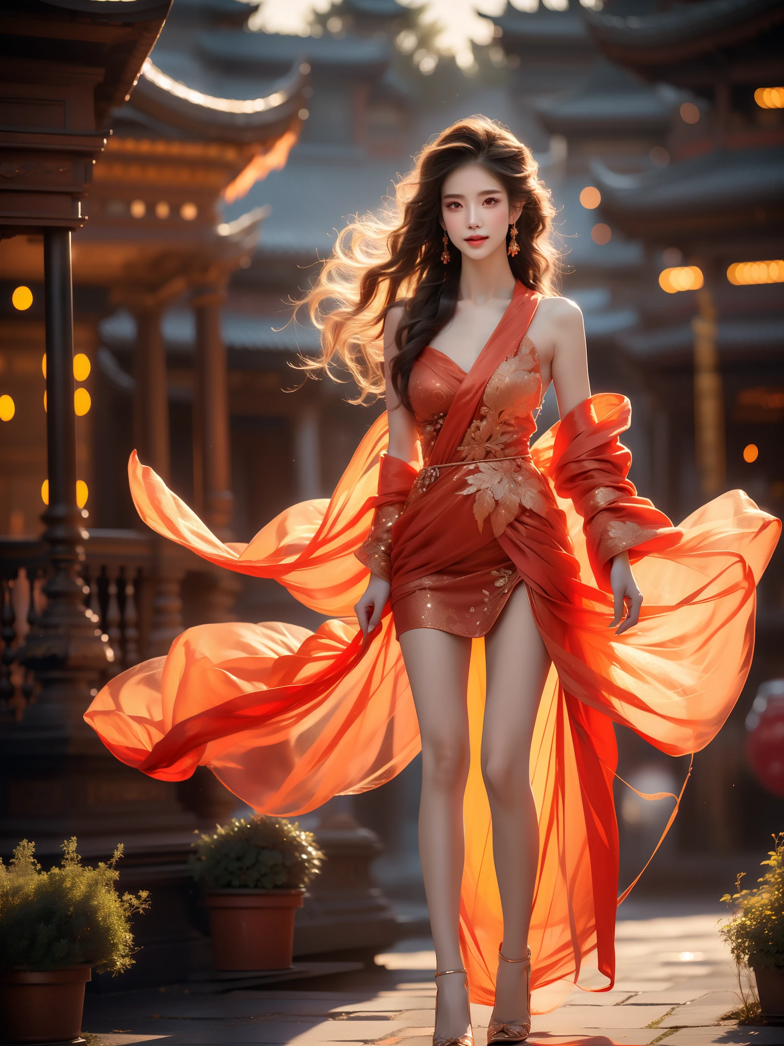 dragon-phoenix gown, ,((full body)), ((single bare shoulder)), (Asian beauty: 1.3), girl, solo, ((short skirts, miniskirt, very short hemline)), (toned body: 1.2), (naturally large breasts: 1.1), (visible cleavage: 0.8), (smooth flawless skin: 1.2), (perfect anatomical proportions: 1.3), (anatomically correct legs: 1.3), (elegantly long legs: 1.3), 1.1) (a playful girl, one hand running through her long hair, the other lifting her skirt slightly), (detailed features: 1.2), (big bright eyes: 1.1), (long eyelashes: 1.1), charming smile, gentle and confident expression, Head slightly tilted, long flowing hair, (night scene: 1.1), (starry sky: 1.0), (space background: 0.9), (professional soft light: 1.2), (warm tone: 1.1), (Masterpiece: 1.4), (Super Detail: 1.3), (Sharp focus: 1.2), (Realistic: 1.2), (Hi-Fi: 1.1)