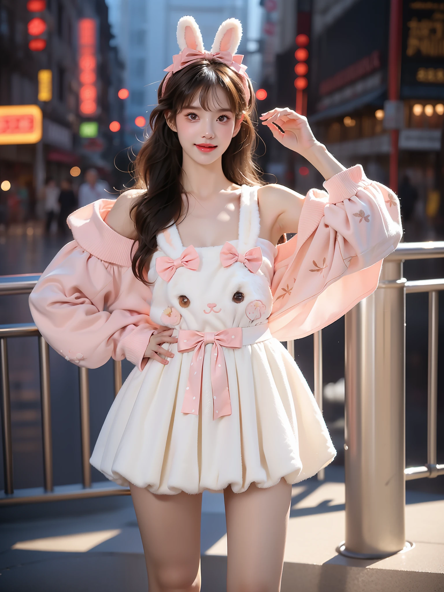 cyb dress,rabbit dress,white dress,rabbit skirt,shirt,animal print shirt,long sleeves,bow,pink bow,rabbit ears,rabbit print ,((full body)), ((single bare shoulder)), (Asian beauty: 1.3), girl, solo, ((short skirts, miniskirt, very short hemline)), (toned body: 1.2), (naturally large breasts: 1.1), (visible cleavage: 0.8), (smooth flawless skin: 1.2), (perfect anatomical proportions: 1.3), (anatomically correct legs: 1.3), (elegantly long legs: 1.3), 1.1) (a playful girl, one hand running through her long hair, the other lifting her skirt slightly), (detailed features: 1.2), (big bright eyes: 1.1), (long eyelashes: 1.1), charming smile, gentle and confident expression, Head slightly tilted, long flowing hair, (night scene: 1.1), (starry sky: 1.0), (space background: 0.9), (professional soft light: 1.2), (warm tone: 1.1), (Masterpiece: 1.4), (Super Detail: 1.3), (Sharp focus: 1.2), (Realistic: 1.2), (Hi-Fi: 1.1)