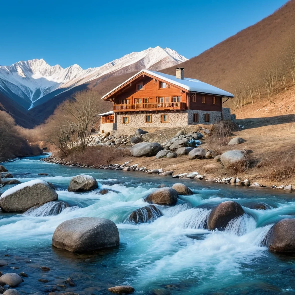 house in a mountain, river big, rocks with snow, sharp focus, insane detailed, 8k. 50-mm-lens