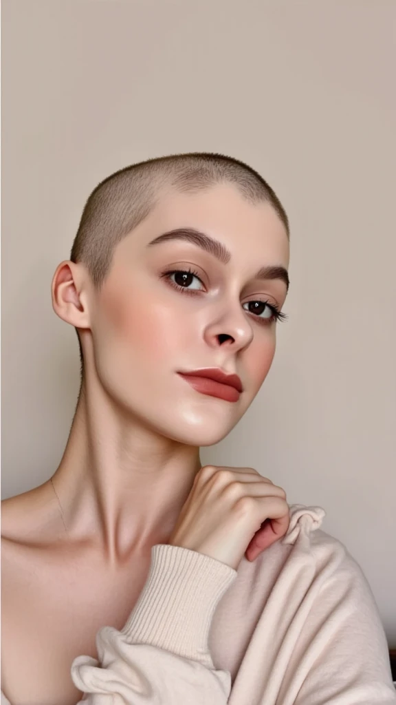 Realistic photo of beautiful woman (Her head is completely bald, pale and shiny). Looking at the viewer. ((There are many short clumps of hair and long strands of cut hair stuck on and draped over her shirt)). 
