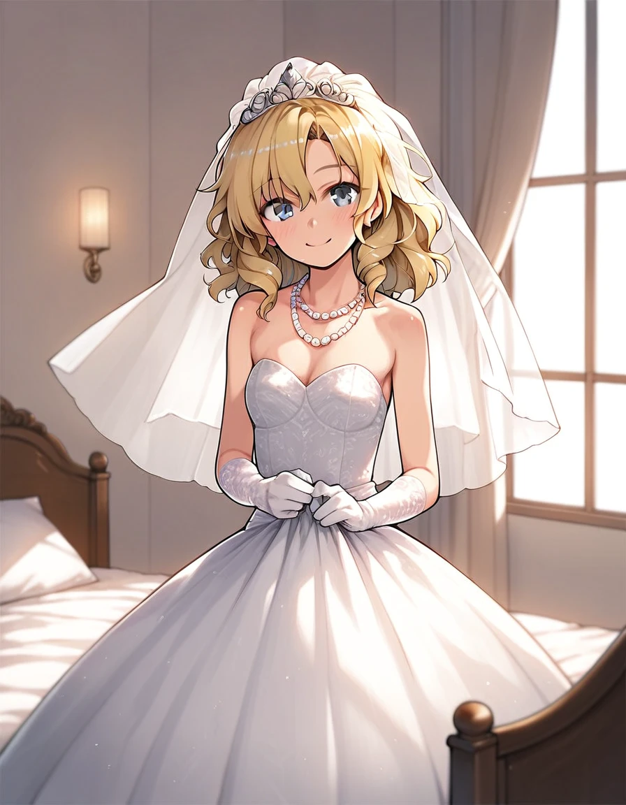 (((Best quality))),((Ultra-detailed)(((Best quality))), ((Ultra-detailed)), ((illustration)), ((Disheveled hair)), ((frilld)), (1 girl),(Solo), 
1girl, bare shoulders, bed, blush, bridal veil, canopy bed, curtain grab, curtains, dress, gloves, indoors, jewelry, looking at viewer, necklace, pearl necklace, smile, solo, tiara, veil, wedding dress, window, blonde hair,grey eyes,